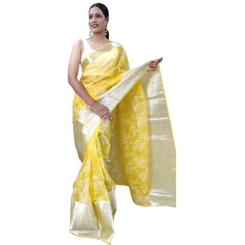 Shiv Textiles Womens Floral Printed Organza Zip and Go Pre-Stitched Saree  Effortless Wear & Comfort  Ready To Wear Saree(SB-ST-R-12-Yellow)