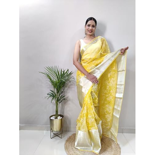Shiv Textiles Womens Floral Printed Organza Zip and Go Pre-Stitched Saree  Effortless Wear & Comfort  Ready To Wear Saree(SB-ST-R-12-Yellow)