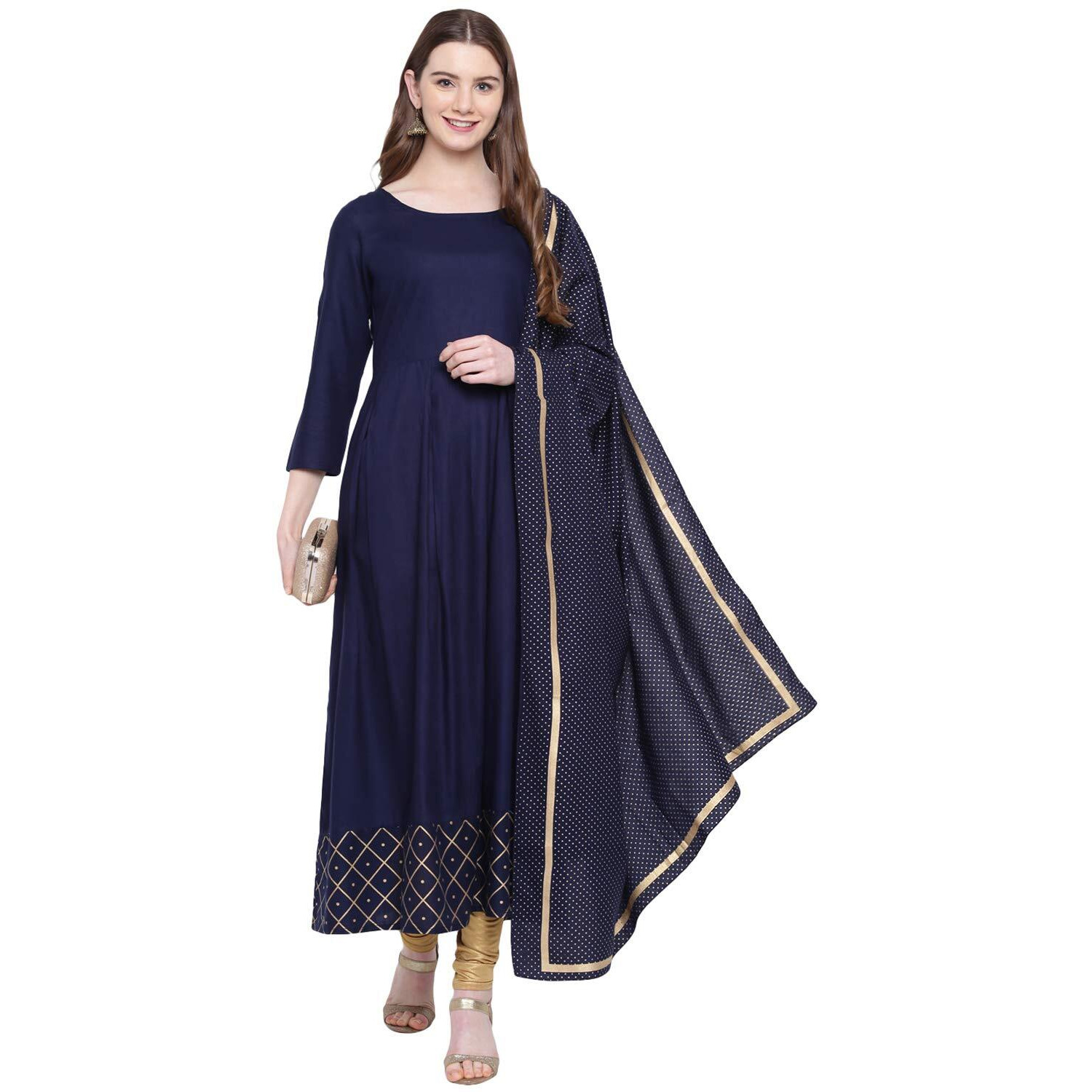 Stylum Women's Checkered Rayon Flared Kurta with Dupatta Set (Navytrianglekdset48_Navy Blue, 4XL)
