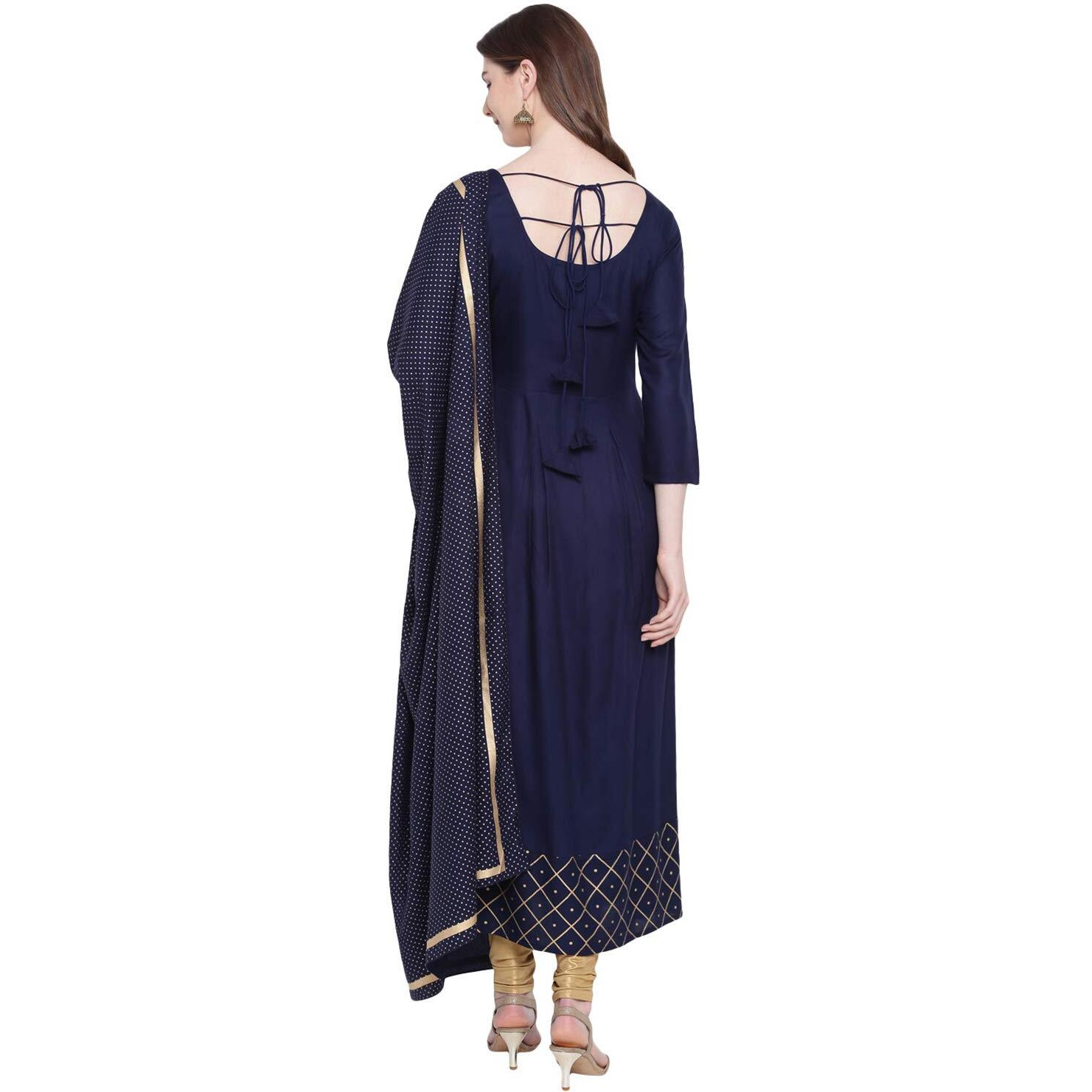 Stylum Women's Checkered Rayon Flared Kurta with Dupatta Set (Navytrianglekdset48_Navy Blue, 4XL)