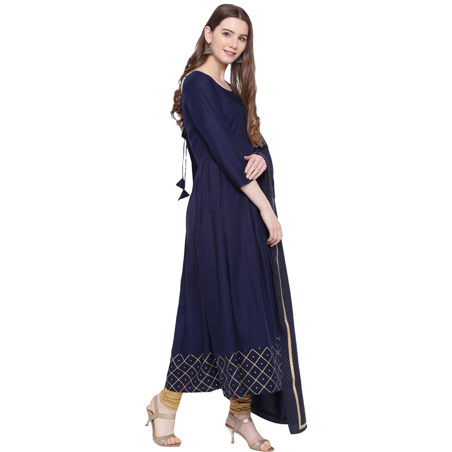 Stylum Women's Checkered Rayon Flared Kurta with Dupatta Set (Navytrianglekdset48_Navy Blue, 4XL)