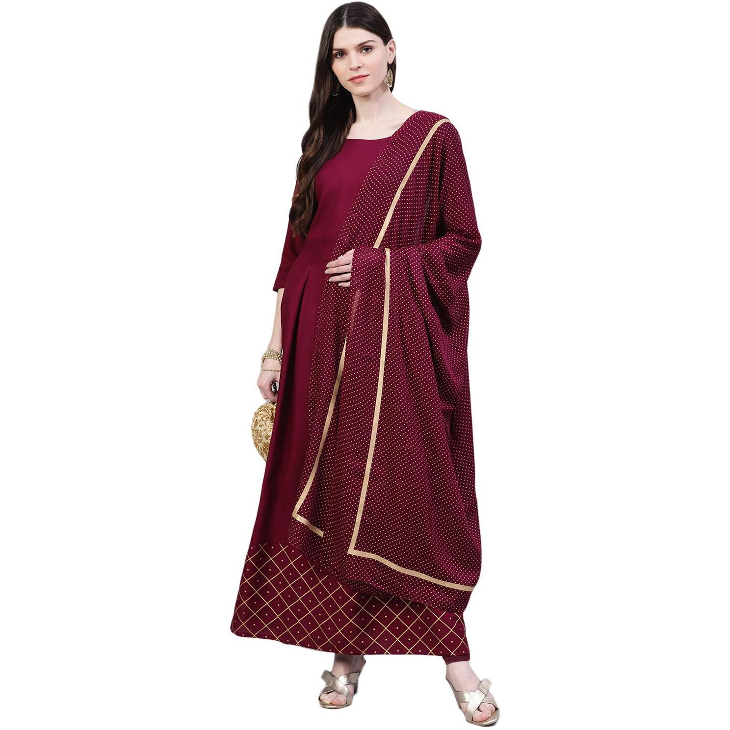 Stylum Women's Checkered Rayon Flared Kurta with Dupatta Set (Winetrianglekdset34_Wine, XS)