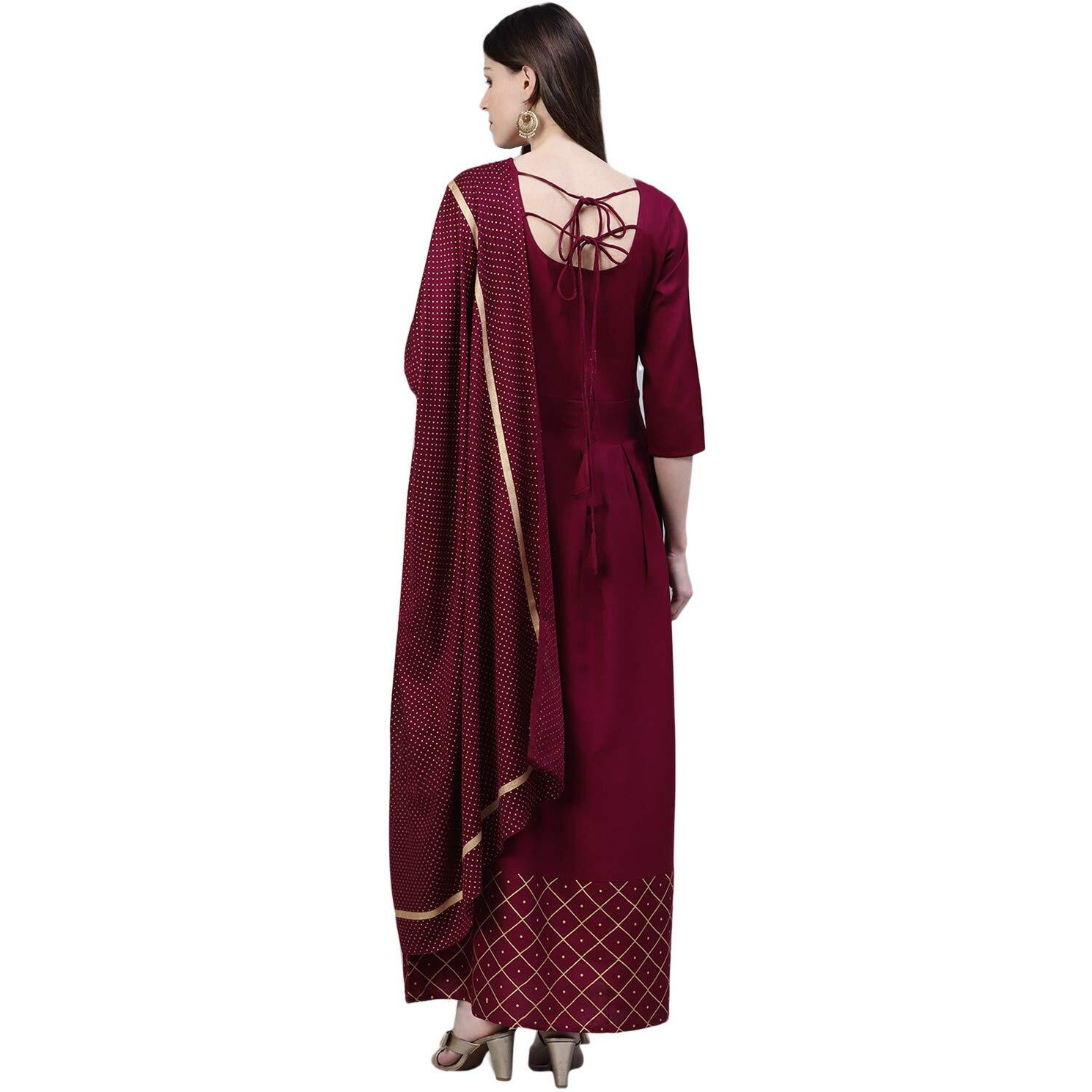 Stylum Women's Checkered Rayon Flared Kurta with Dupatta Set (Winetrianglekdset34_Wine, XS)
