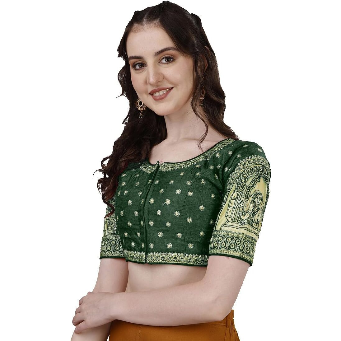 Pujia Mills Women's Heavy Embroidery Coding with Sequins and Diamond Work Half Sleeves Fancy Cutwork Readymade Saree Blouse.(Palace Dark Green_38)