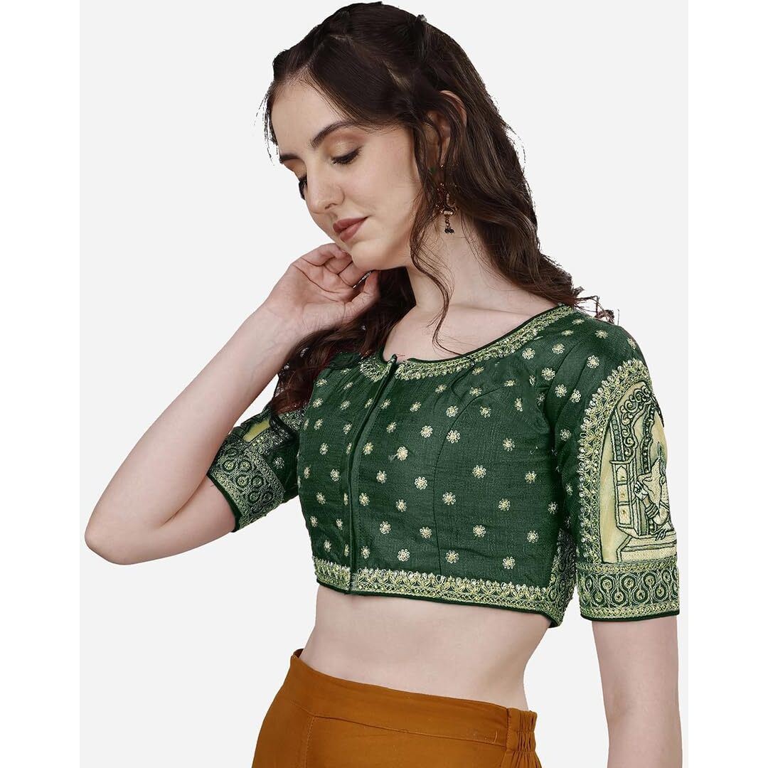 Pujia Mills Women's Heavy Embroidery Coding with Sequins and Diamond Work Half Sleeves Fancy Cutwork Readymade Saree Blouse.(Palace Dark Green_38)