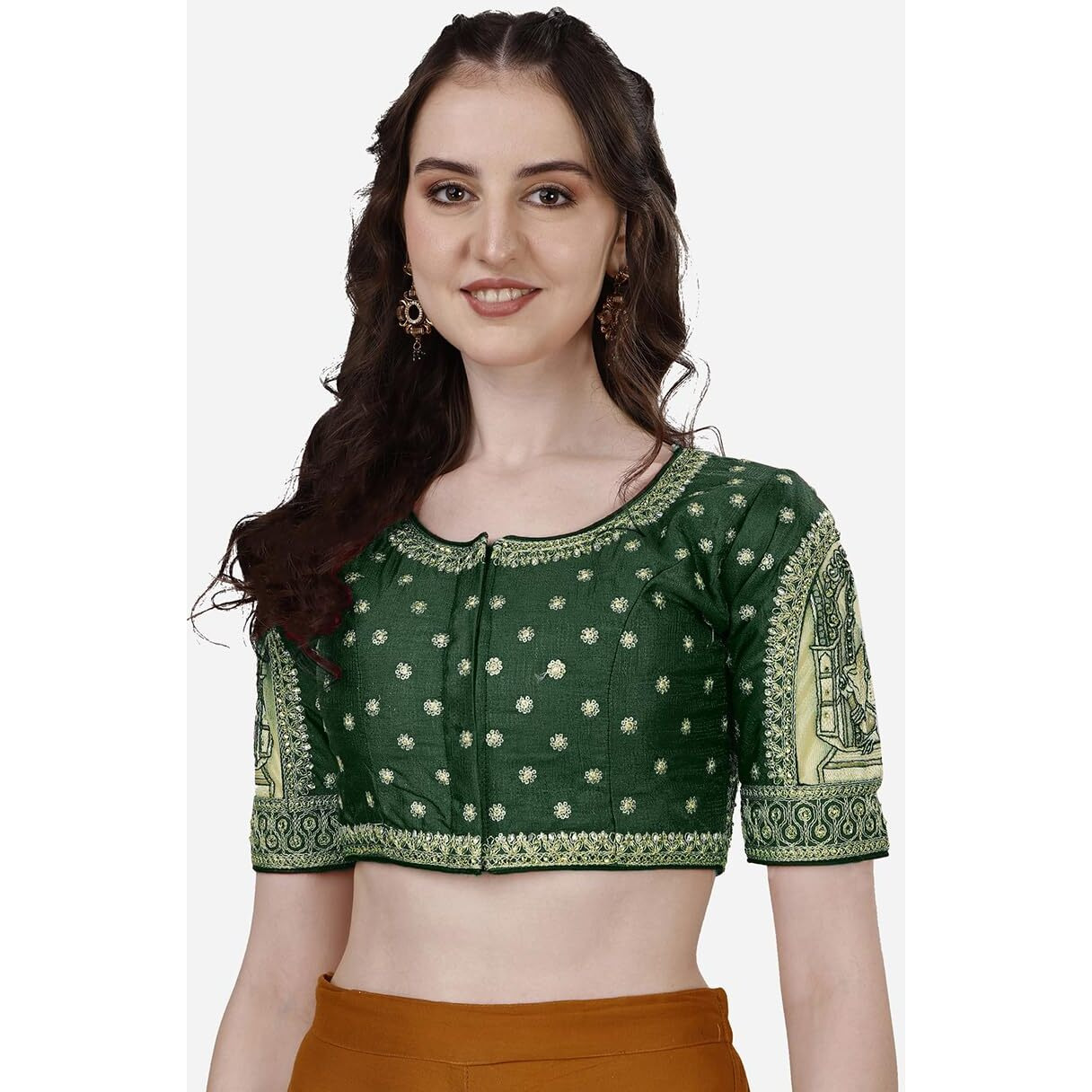 Pujia Mills Women's Heavy Embroidery Coding with Sequins and Diamond Work Half Sleeves Fancy Cutwork Readymade Saree Blouse.(Palace Dark Green_38)