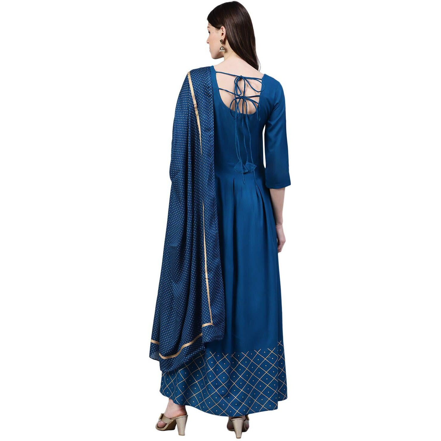 Stylum Women's Checkered Rayon Flared Kurta with Dupatta Set (Tealtrianglekdset34_Teal Blue, XS)
