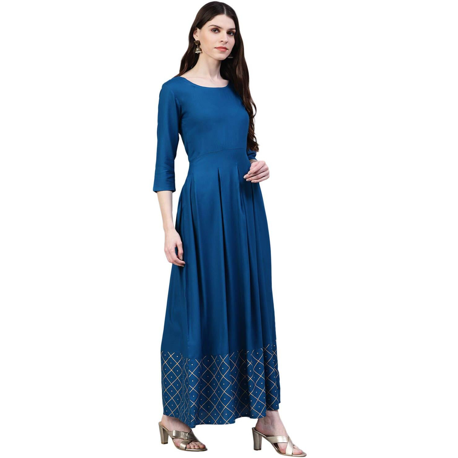 Stylum Women's Checkered Rayon Flared Kurta with Dupatta Set (Tealtrianglekdset34_Teal Blue, XS)