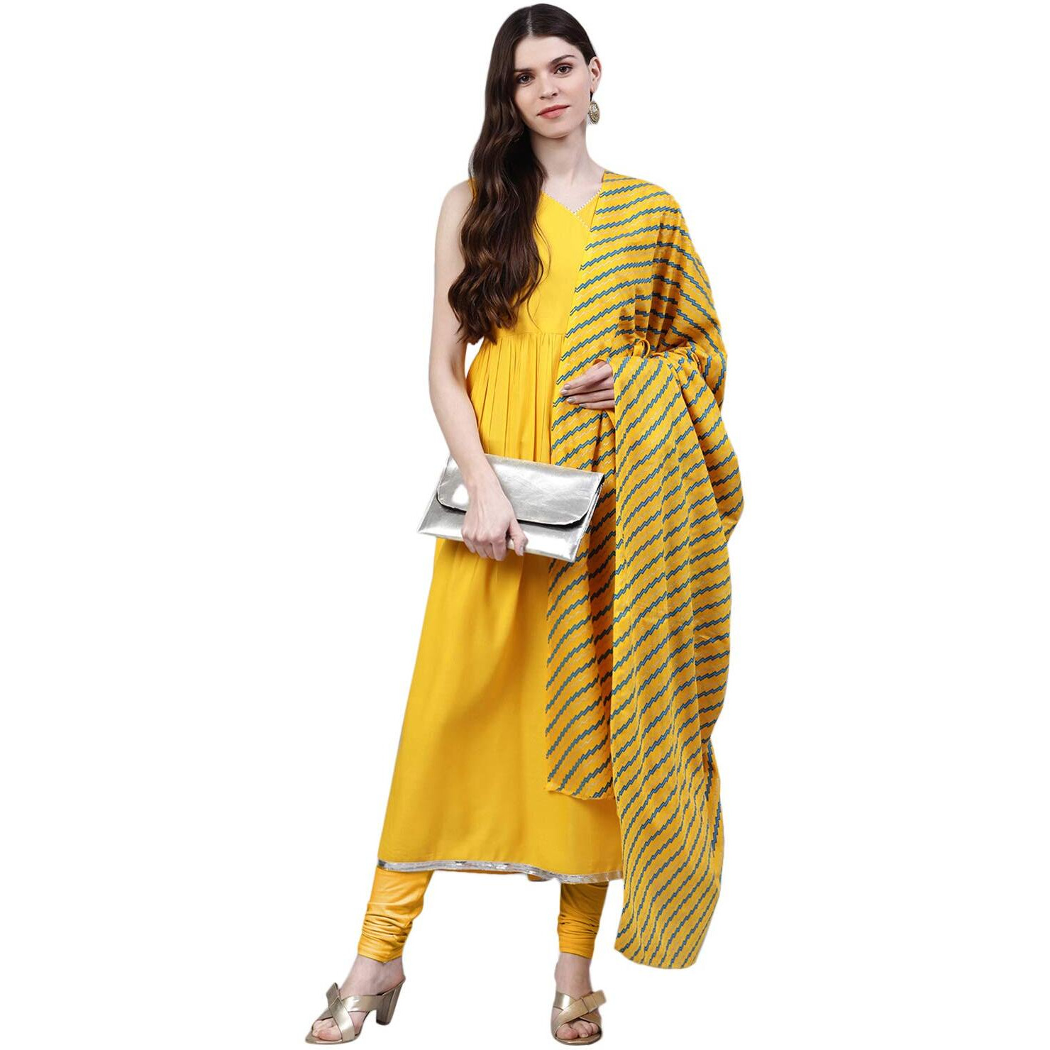 Stylum Women's Solid Rayon Flared Kurta Dupatta Set (Bunnymustardkdset38_Mustard, M)