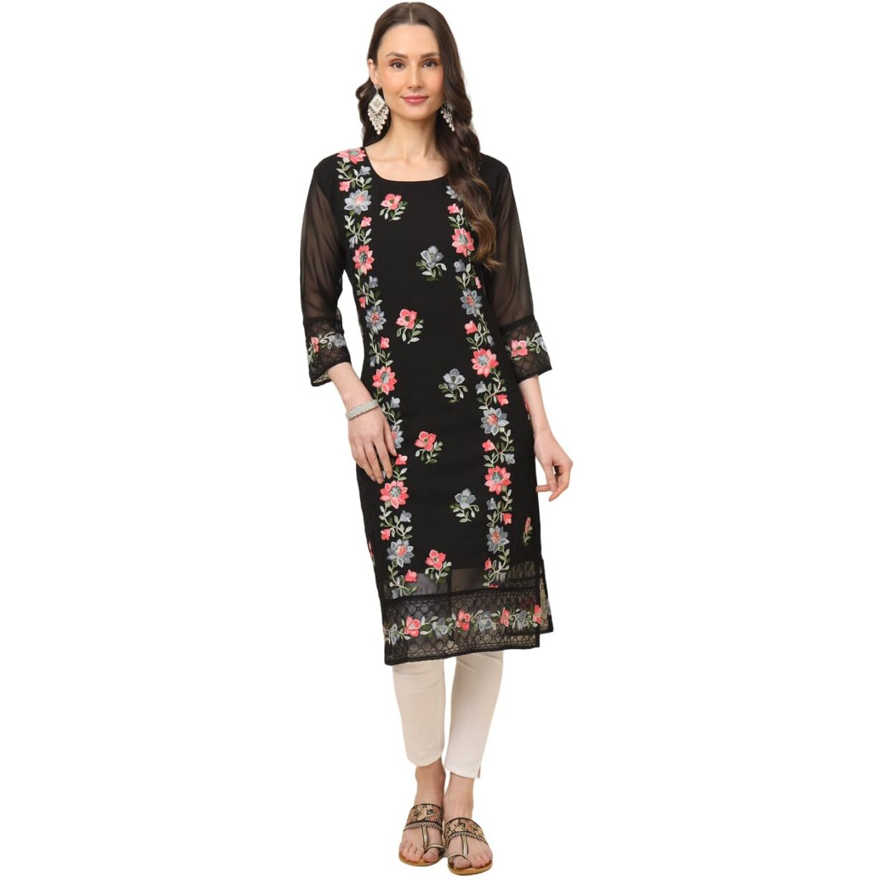 Ekasya Women's Georgette Straight Cut Round Neck Kurta with Beautiful Embroidery Work (E1628) Black