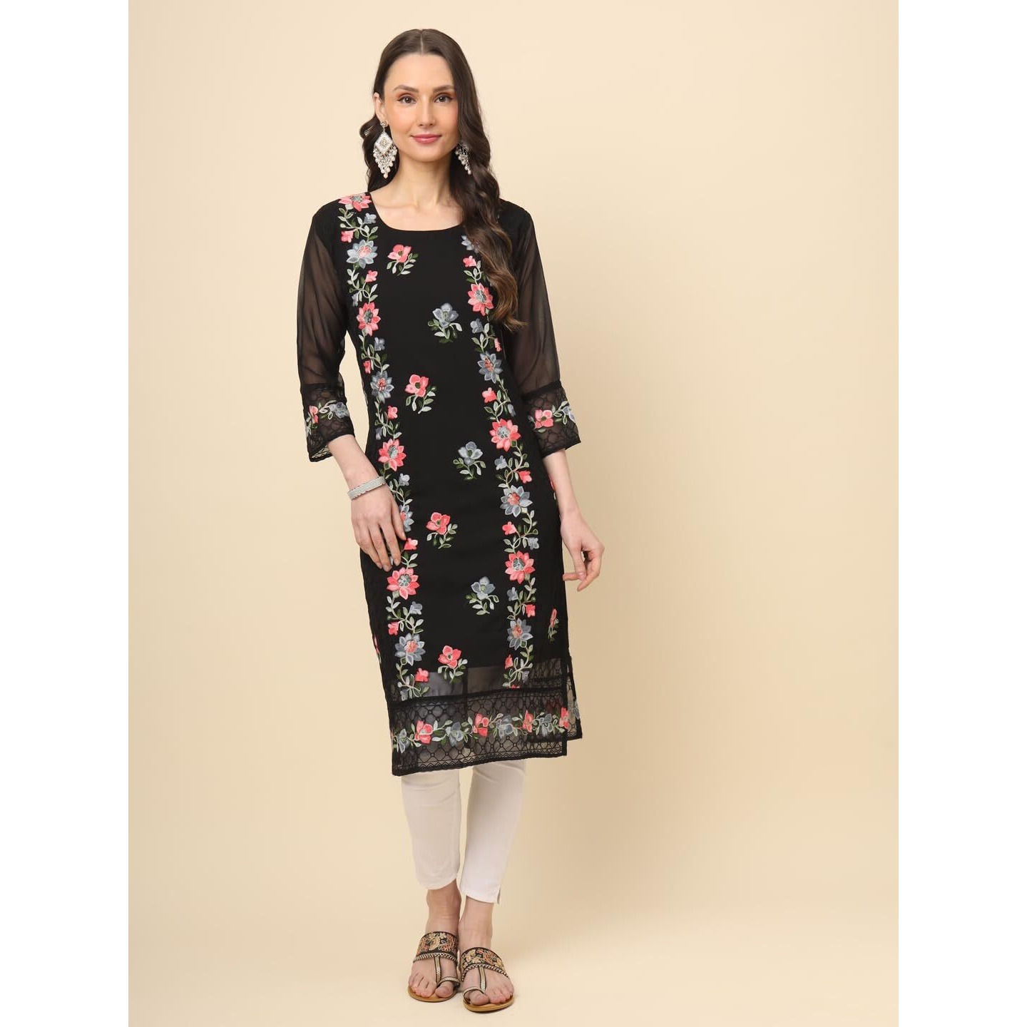 Ekasya Women's Georgette Straight Cut Round Neck Kurta with Beautiful Embroidery Work (E1628) Black