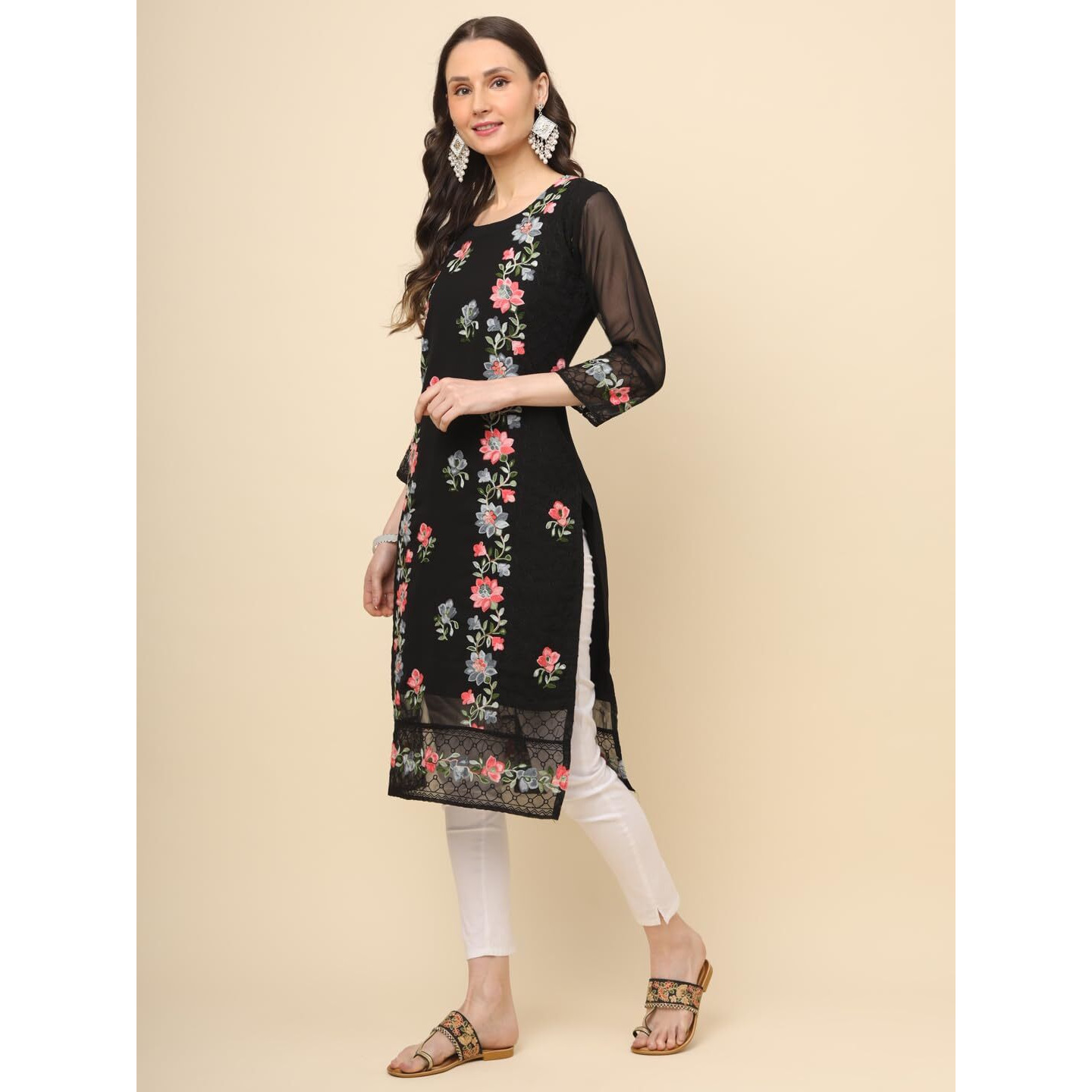 Ekasya Women's Georgette Straight Cut Round Neck Kurta with Beautiful Embroidery Work (E1628) Black