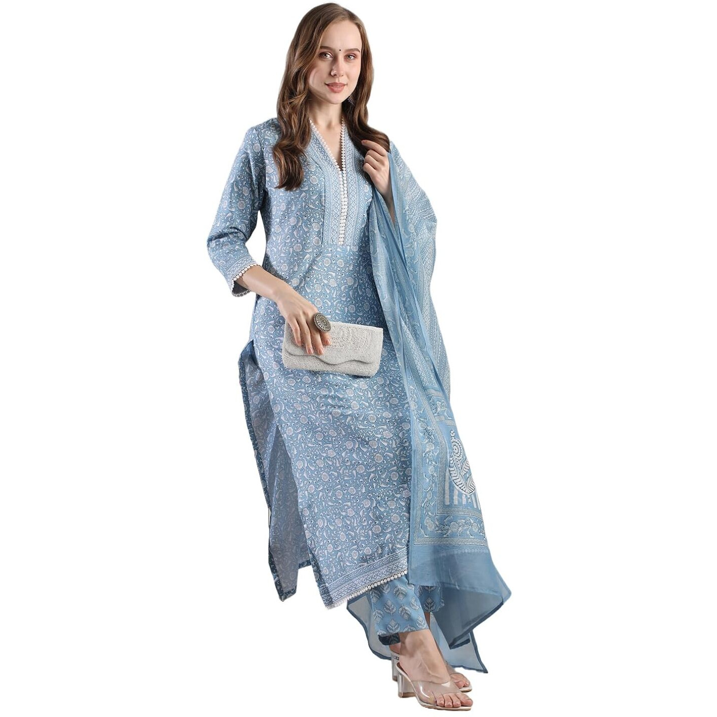 ANNI DESIGNER Women's Rayon Blend Straight Printed Kurta with Pant & Dupatta (SONEVA BLUE-VKS02_XXL_Blue_XX-Large)