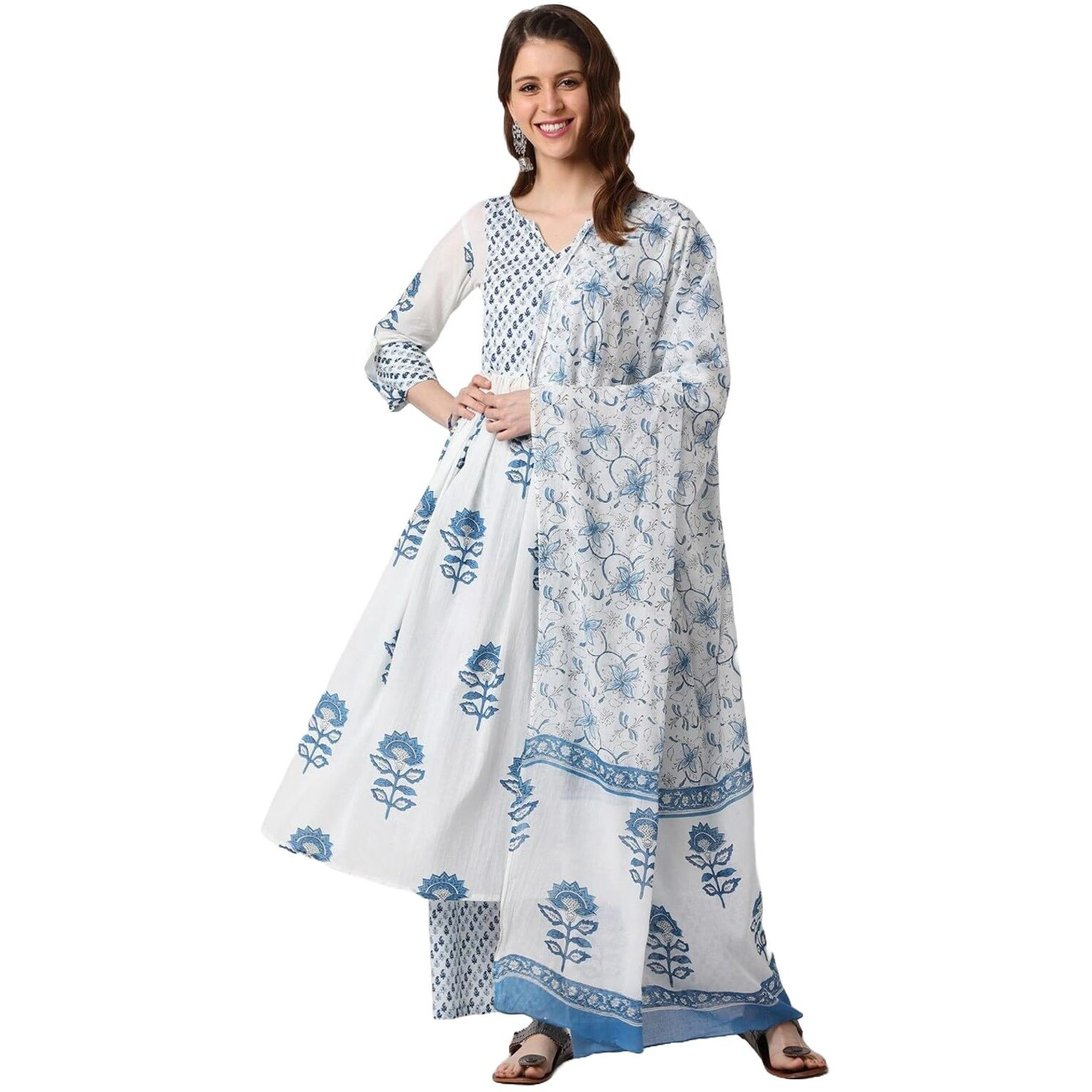 KLOSIA Women Block Printe Anarkali Kurta and Pant Set with Dupatta (Large) White