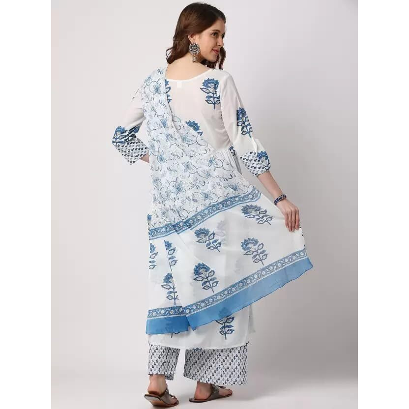 KLOSIA Women Block Printe Anarkali Kurta and Pant Set with Dupatta (Large) White