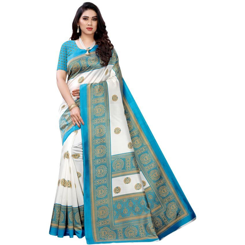 Satrani Women's Poly Silk Printed Saree with Unstitched Blouse Piece (2019S120_Sky Blue & White)