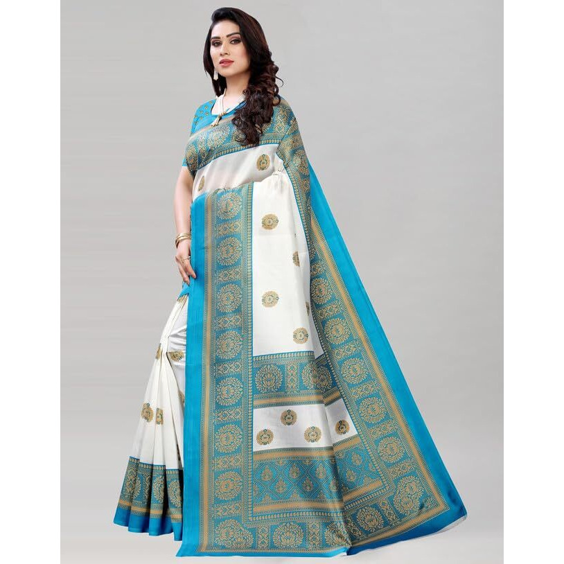 Satrani Women's Poly Silk Printed Saree with Unstitched Blouse Piece (2019S120_Sky Blue & White)