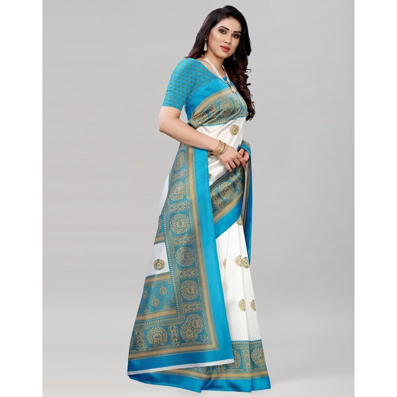 Satrani Women's Poly Silk Printed Saree with Unstitched Blouse Piece (2019S120_Sky Blue & White)