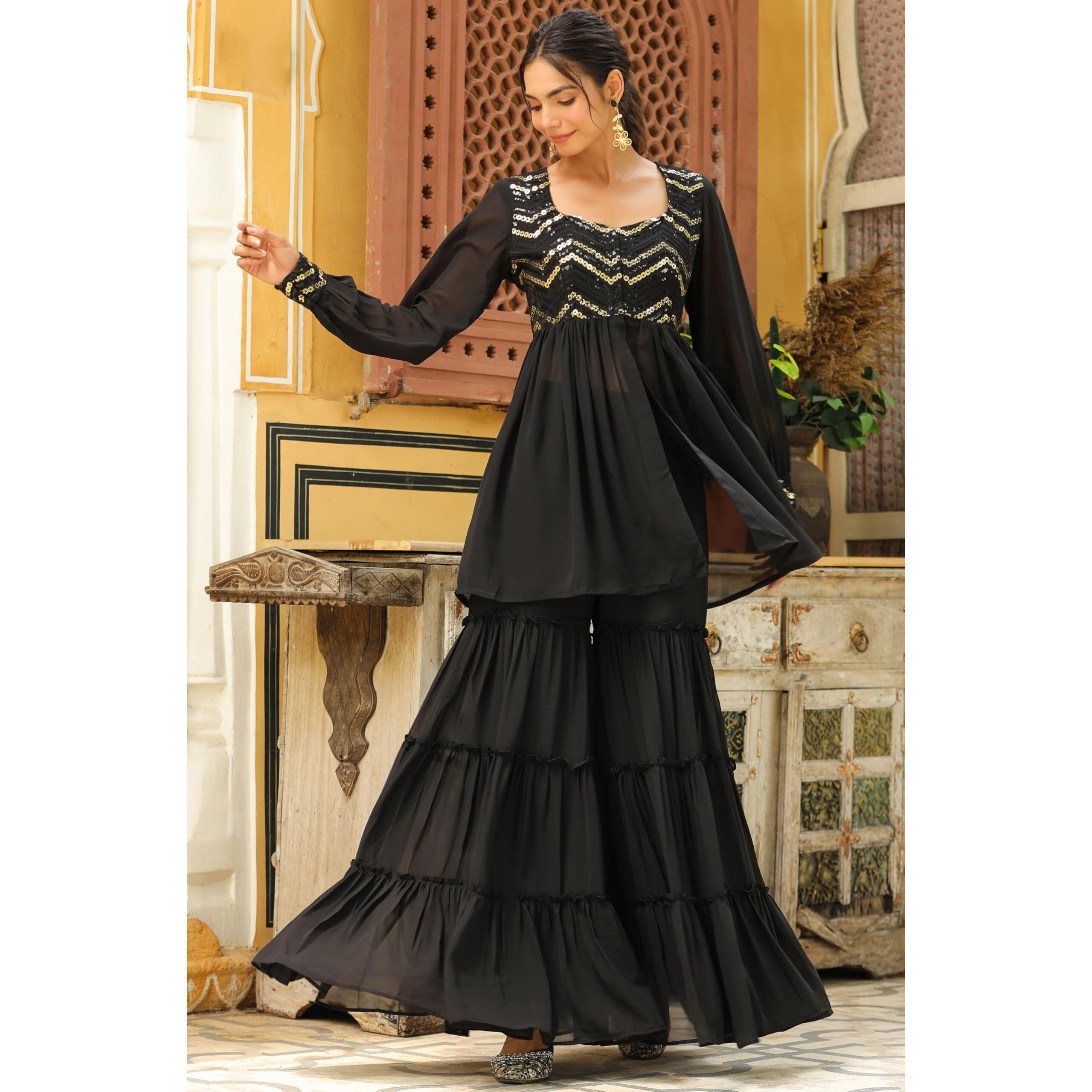 Janasya Women's Black Georgette Sequined Front Slit Peplum Sharara Set (JAB24ST00694-XL)