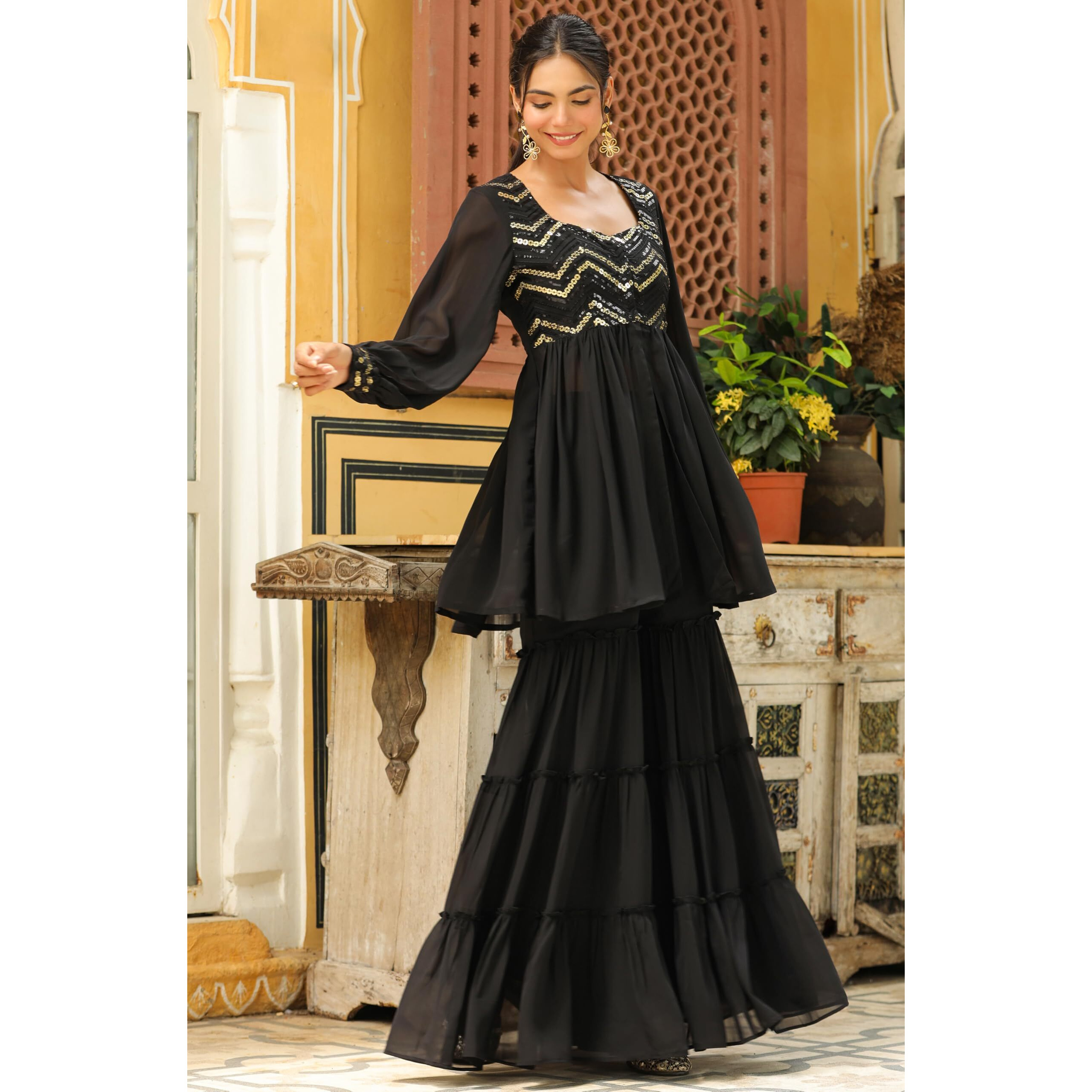 Janasya Women's Black Georgette Sequined Front Slit Peplum Sharara Set (JAB24ST00694-XL)