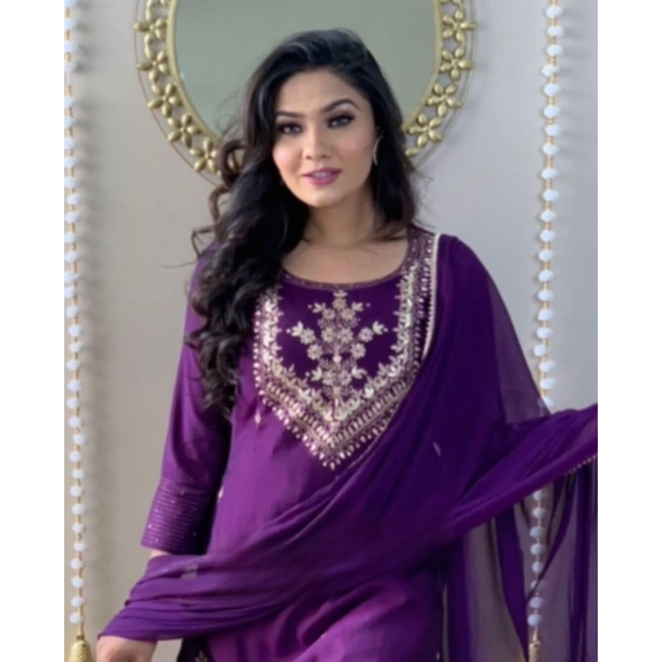 ACINOS Cotton Slub Rayon Fabric Embroidered Work Straight Kurta, Pant and Dupatta Set (Wine XXL)