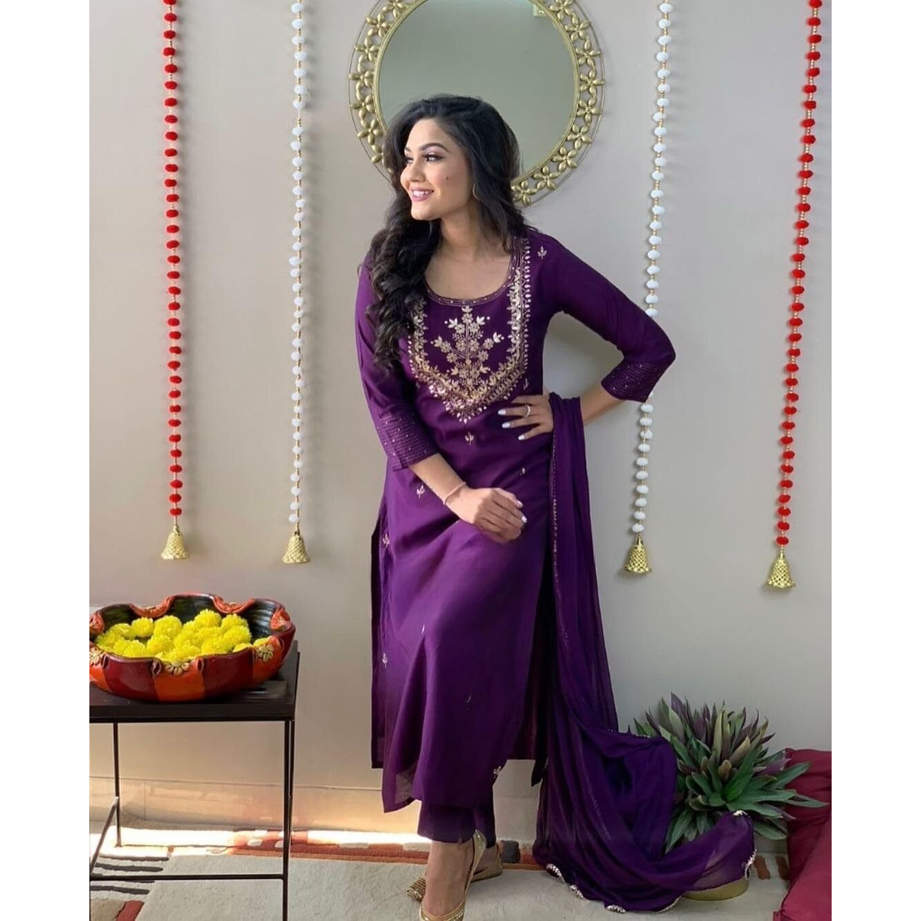 ACINOS Cotton Slub Rayon Fabric Embroidered Work Straight Kurta, Pant and Dupatta Set (Wine XXL)