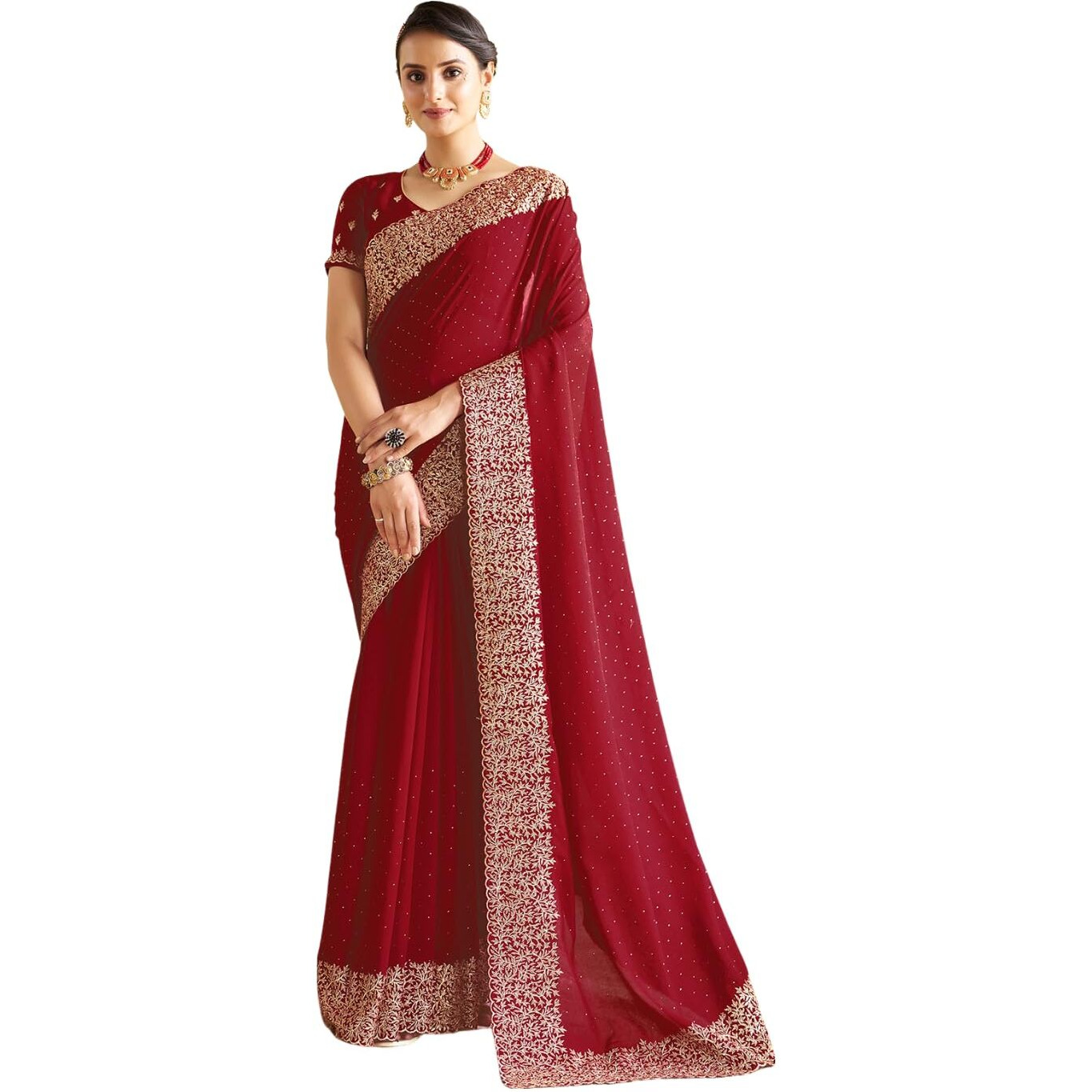 Satrani Women's Vichitra Silk Hot Fixing Embroidery Border Saree with Unstitched Blouse Piece (3614S152N_Red)