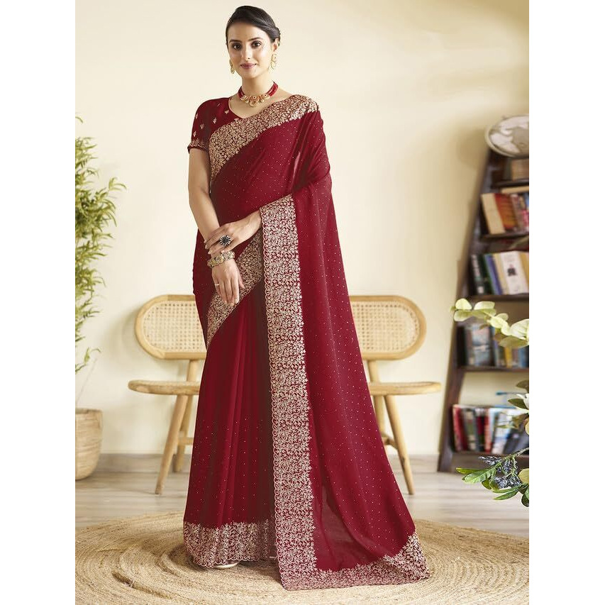 Satrani Women's Vichitra Silk Hot Fixing Embroidery Border Saree with Unstitched Blouse Piece (3614S152N_Red)