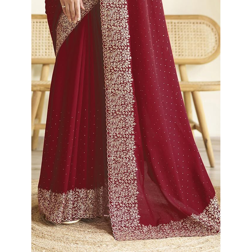 Satrani Women's Vichitra Silk Hot Fixing Embroidery Border Saree with Unstitched Blouse Piece (3614S152N_Red)
