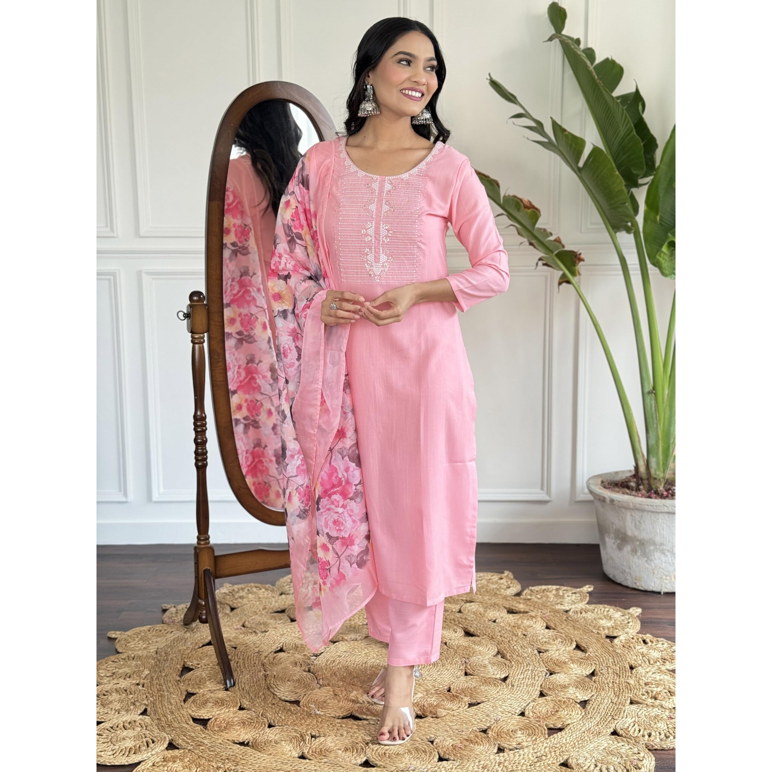 Naixa Women's Pink Rayon Slub Embroidered Straight Kurta with Rayon Slub Pant and Silk Printed Dupatta Sets (NX-595-Baby-Pink-XXL)