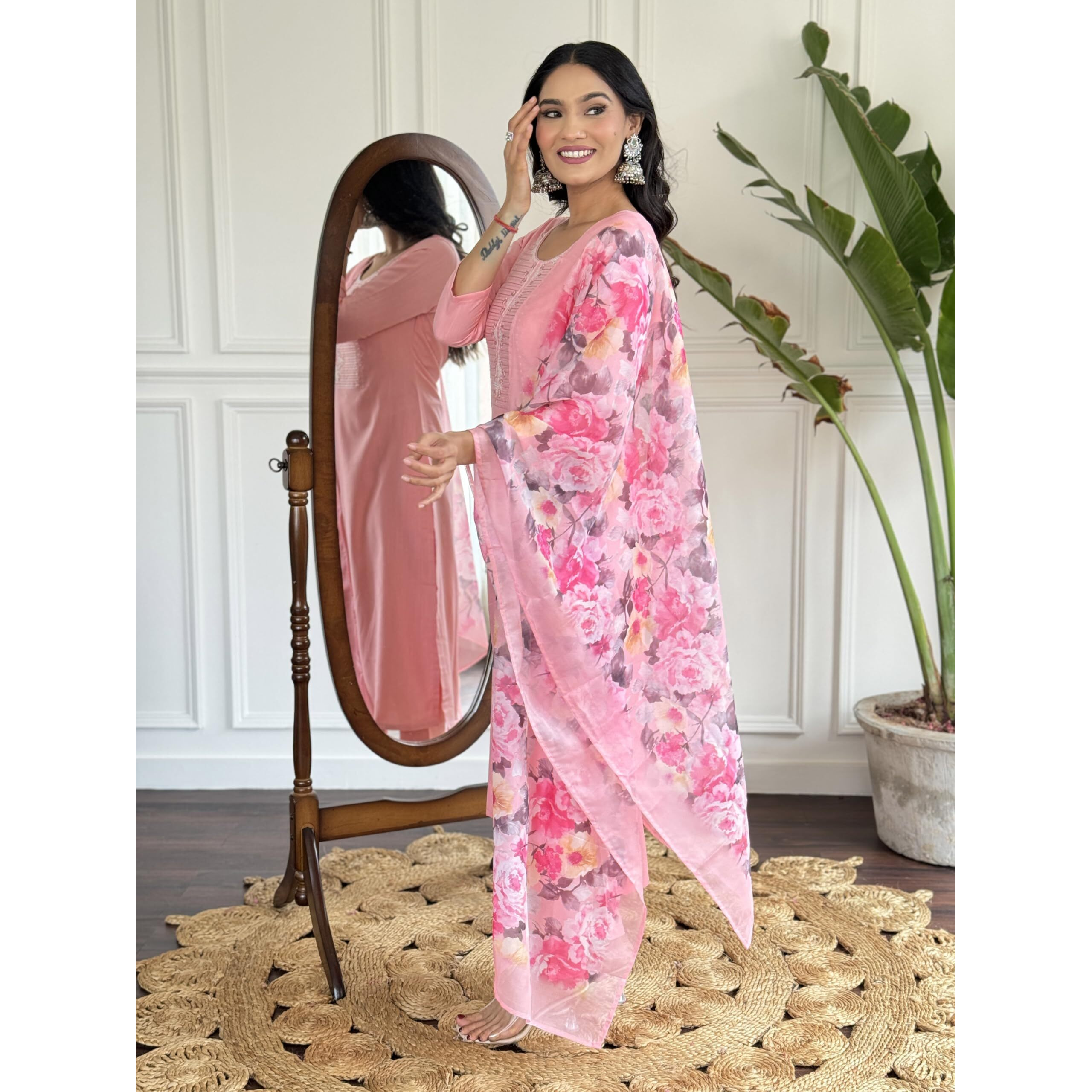 Naixa Women's Pink Rayon Slub Embroidered Straight Kurta with Rayon Slub Pant and Silk Printed Dupatta Sets (NX-595-Baby-Pink-XXL)