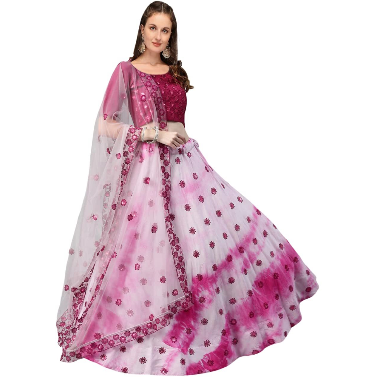 Fashion Basket Women's Gerogette Semi Stitched White Lehenga Choli