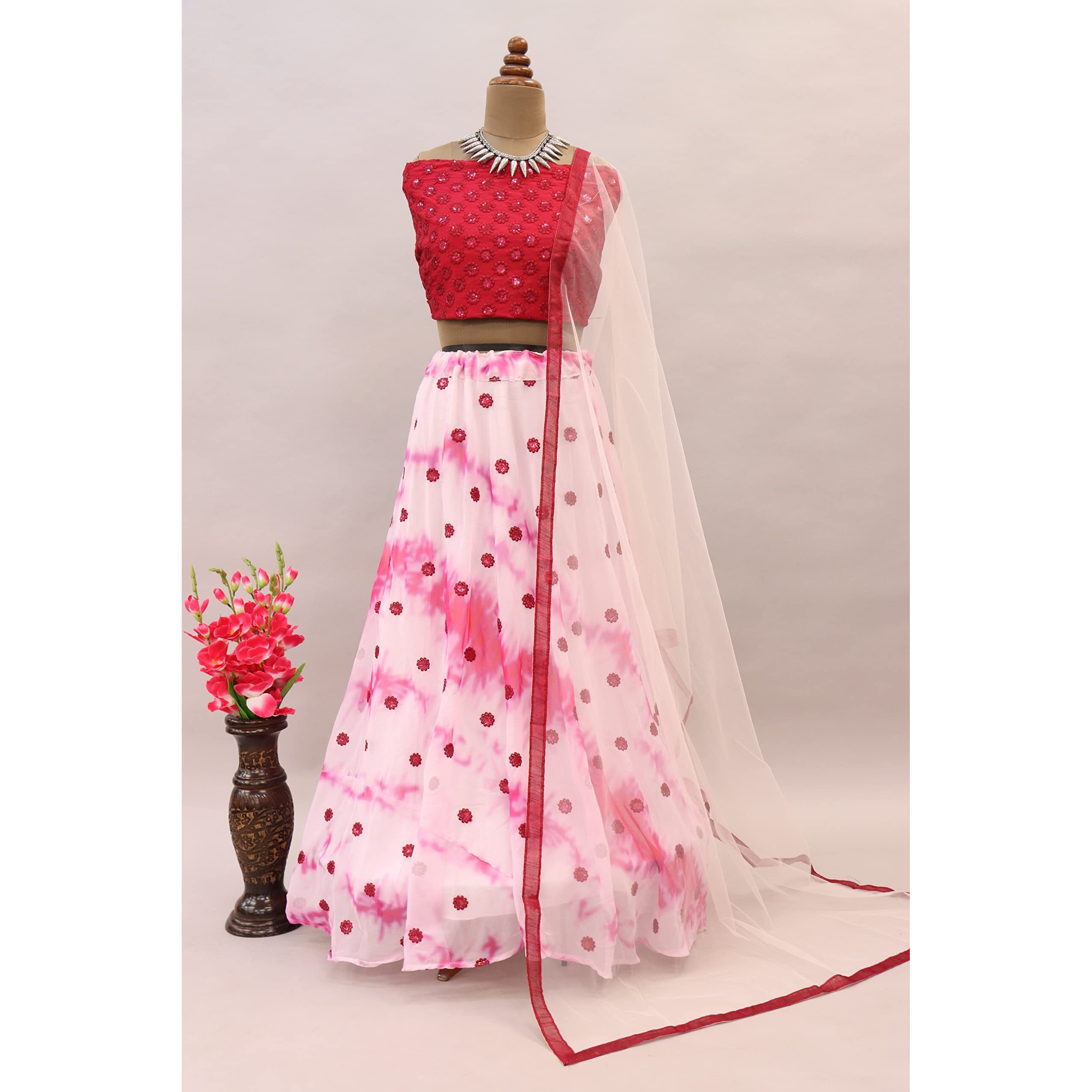 Fashion Basket Women's Gerogette Semi Stitched White Lehenga Choli