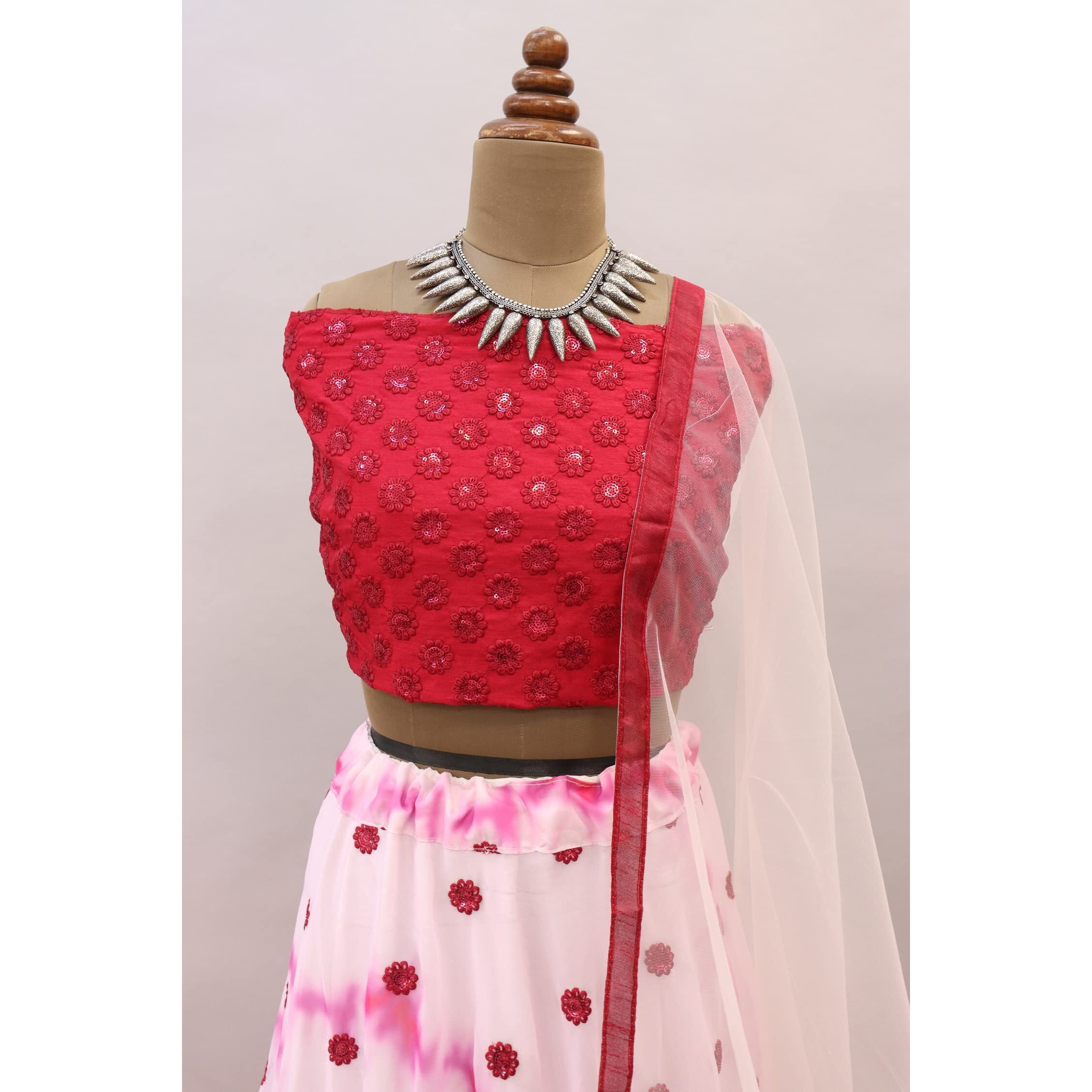 Fashion Basket Women's Gerogette Semi Stitched White Lehenga Choli