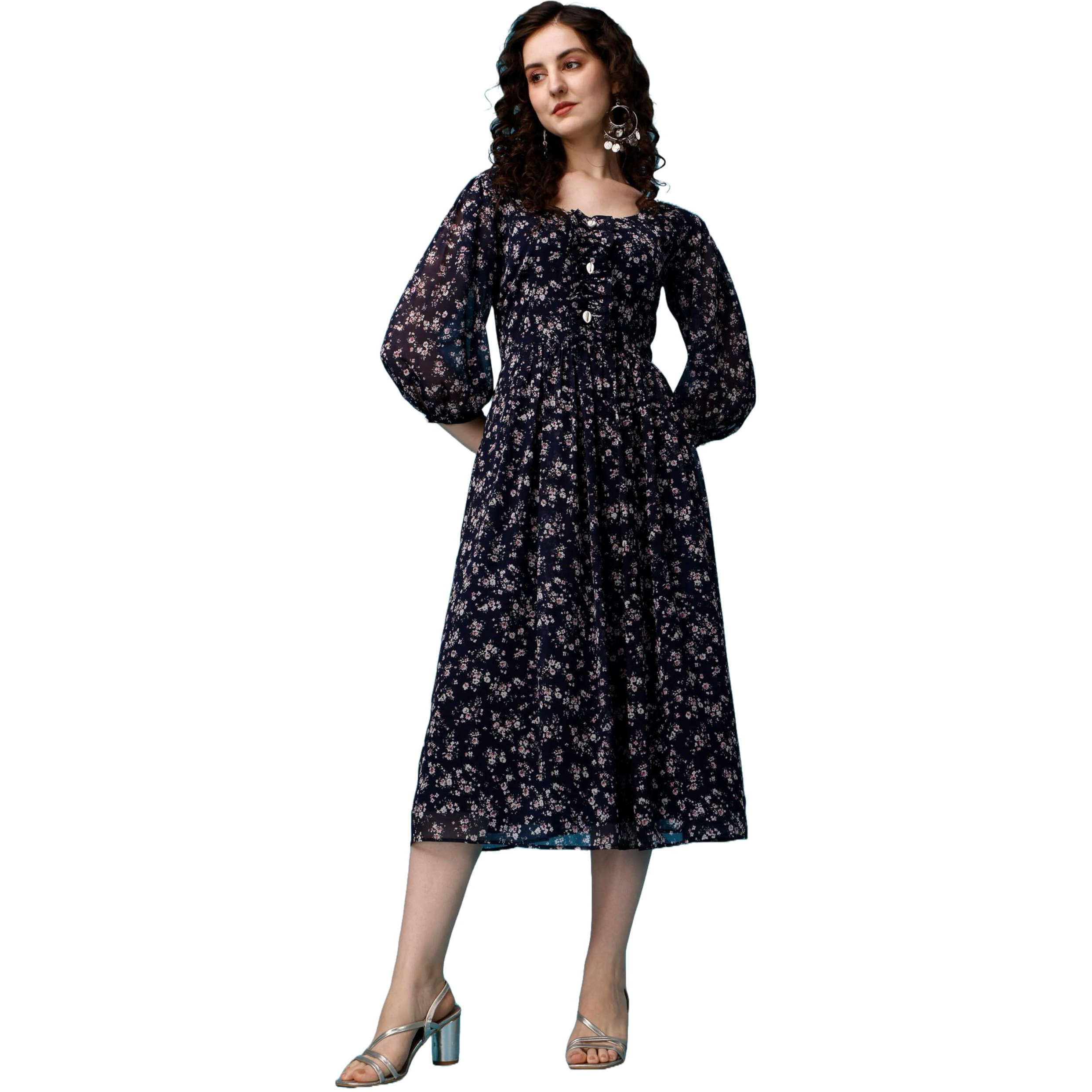 Fashion2wear Women's Stylish Georgette Fit and Flare Fashionable Midi for Girls Blue (Elegance Maxi-Blue_S)