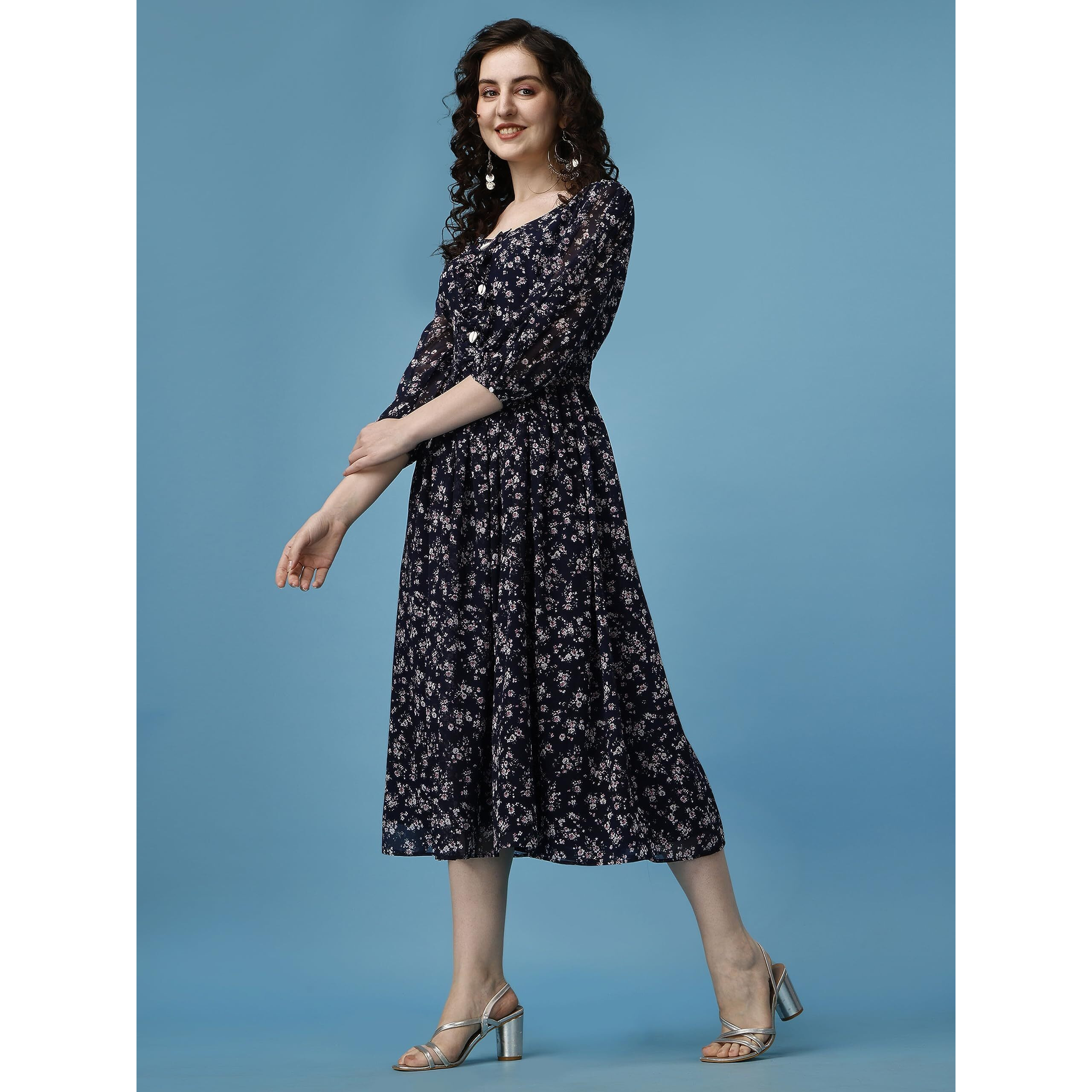 Fashion2wear Women's Stylish Georgette Fit and Flare Fashionable Midi for Girls Blue (Elegance Maxi-Blue_S)