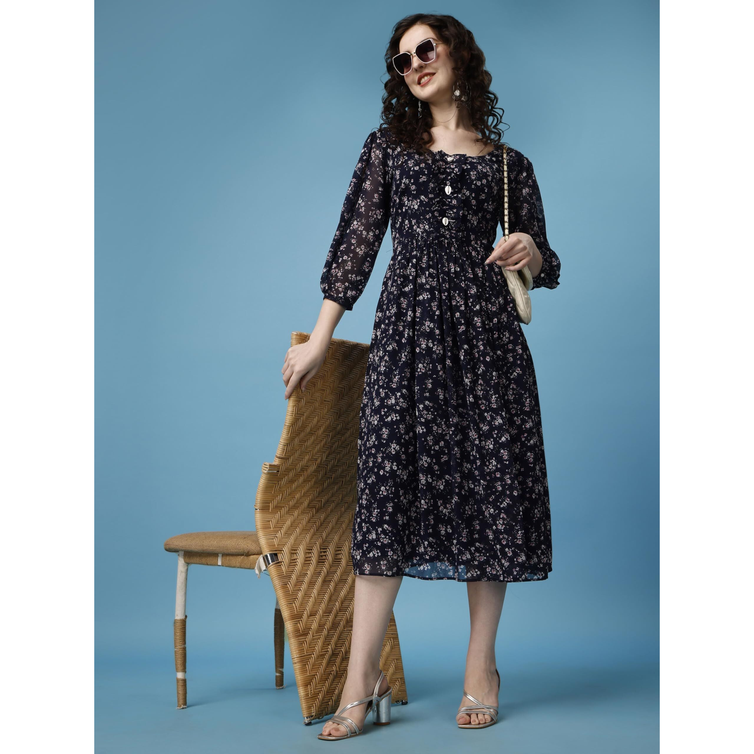 Fashion2wear Women's Stylish Georgette Fit and Flare Fashionable Midi for Girls Blue (Elegance Maxi-Blue_S)