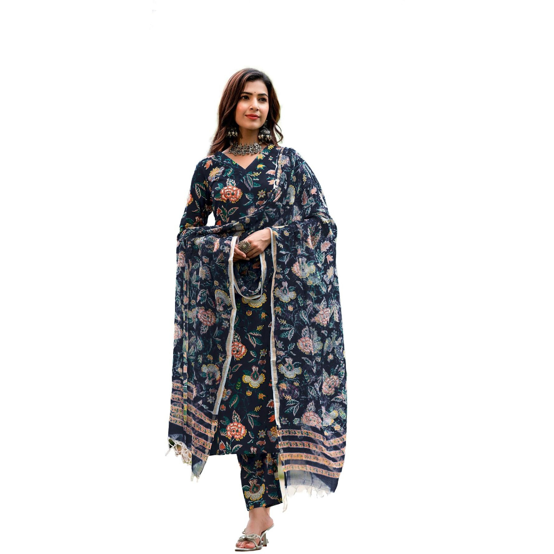SMOWKLY Cotton Blend || Floral printed || 3/4 Sleeve || V-neck Dupatta set || Kurta pant & Dupatta set || 3 Piece Set for Women