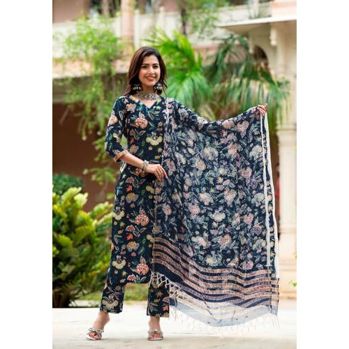 SMOWKLY Cotton Blend || Floral printed || 3/4 Sleeve || V-neck Dupatta set || Kurta pant & Dupatta set || 3 Piece Set for Women