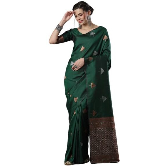 Flosive Woven Beautiful Mix Color Kanjivaram Silk Saree With Zari Weaving (GREEN)