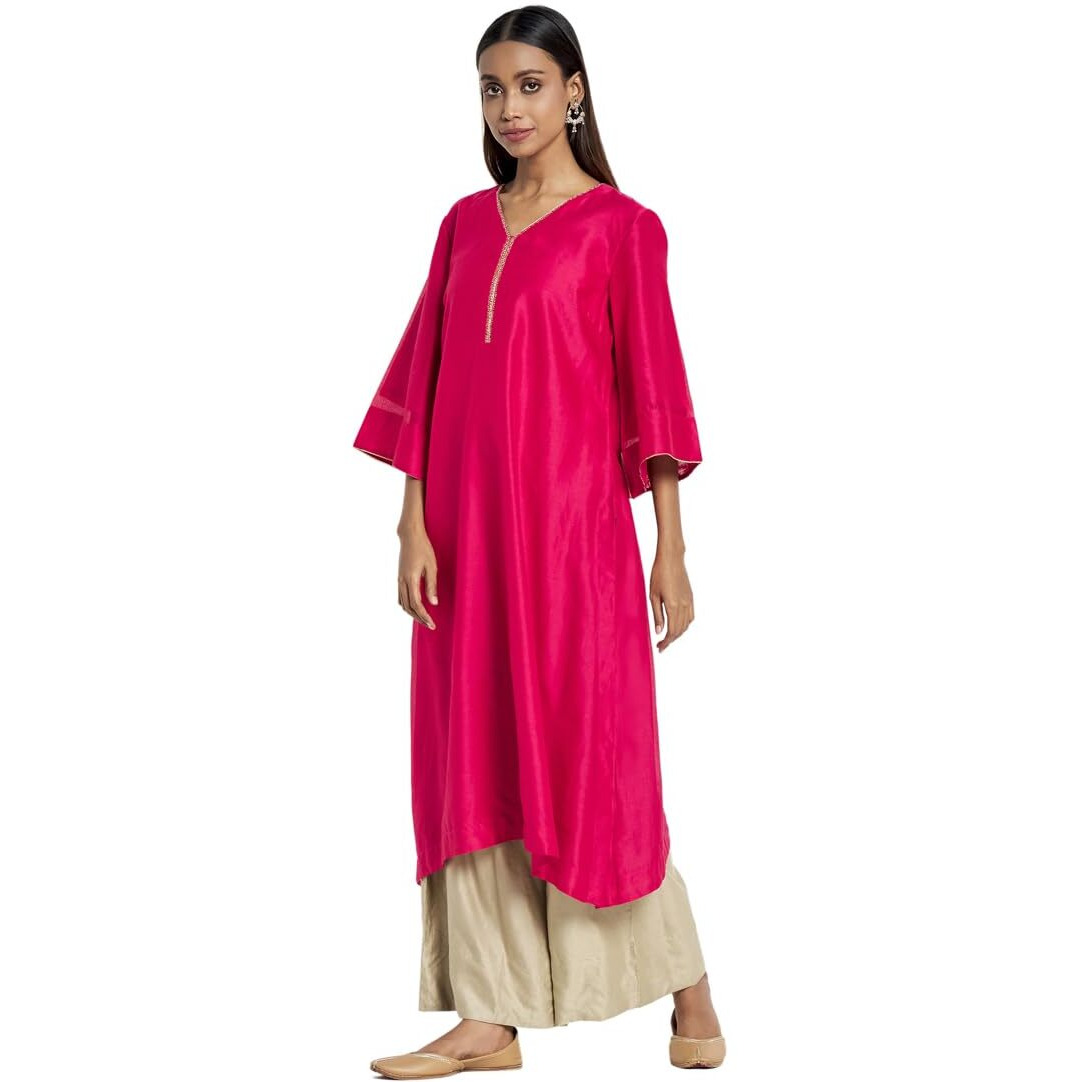Fabindia Women's Cotton Silk Regular Kurta (102430402_Fuschia