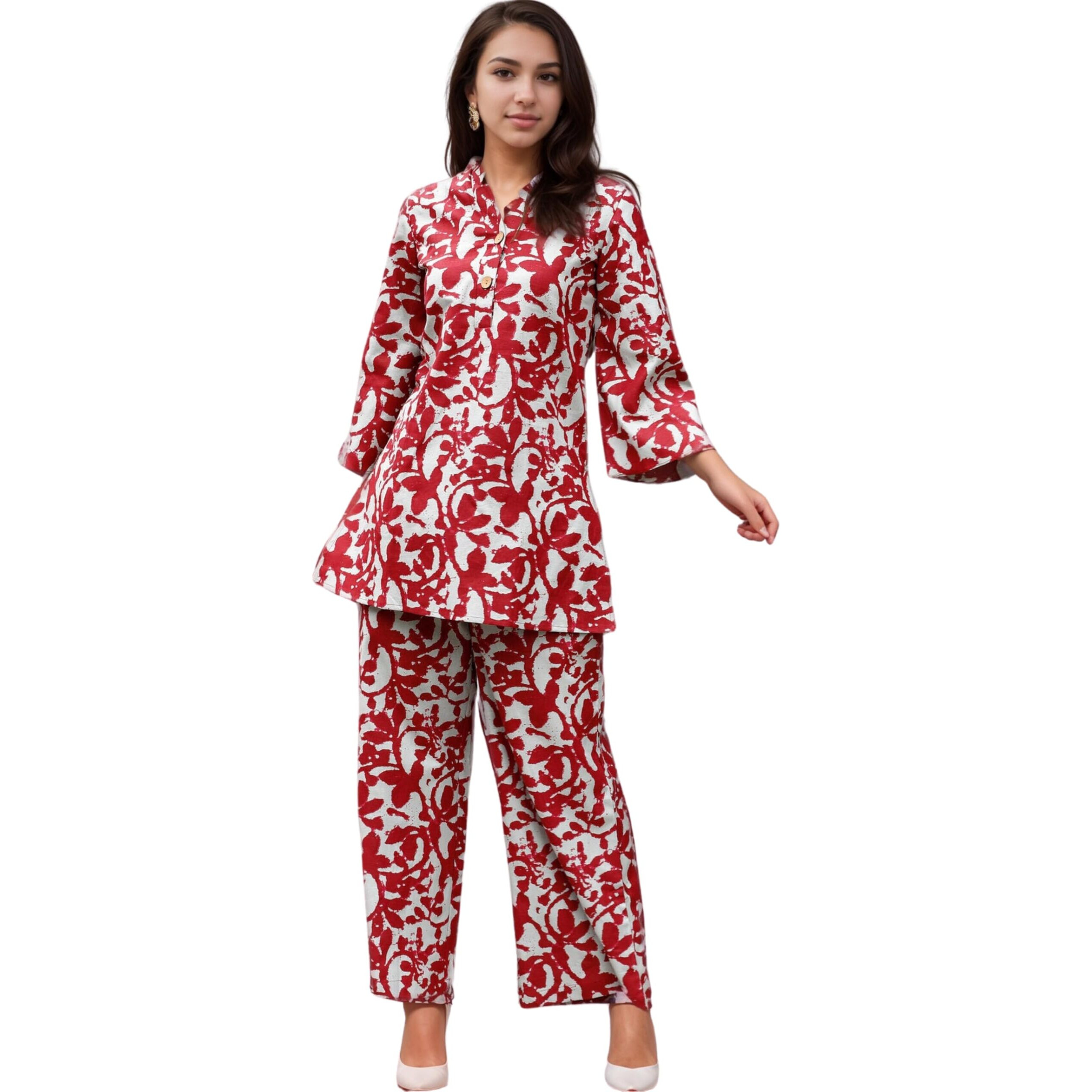 SMOWKLY Women's Printed Rayon Slub Mid Thighs Short Kurti with Relaxed Fit Pant Sylish Co-Ords Set || Trendy 3/4 Sleeve Kurta & Palazzo Cord Pair (Red&White-Small)