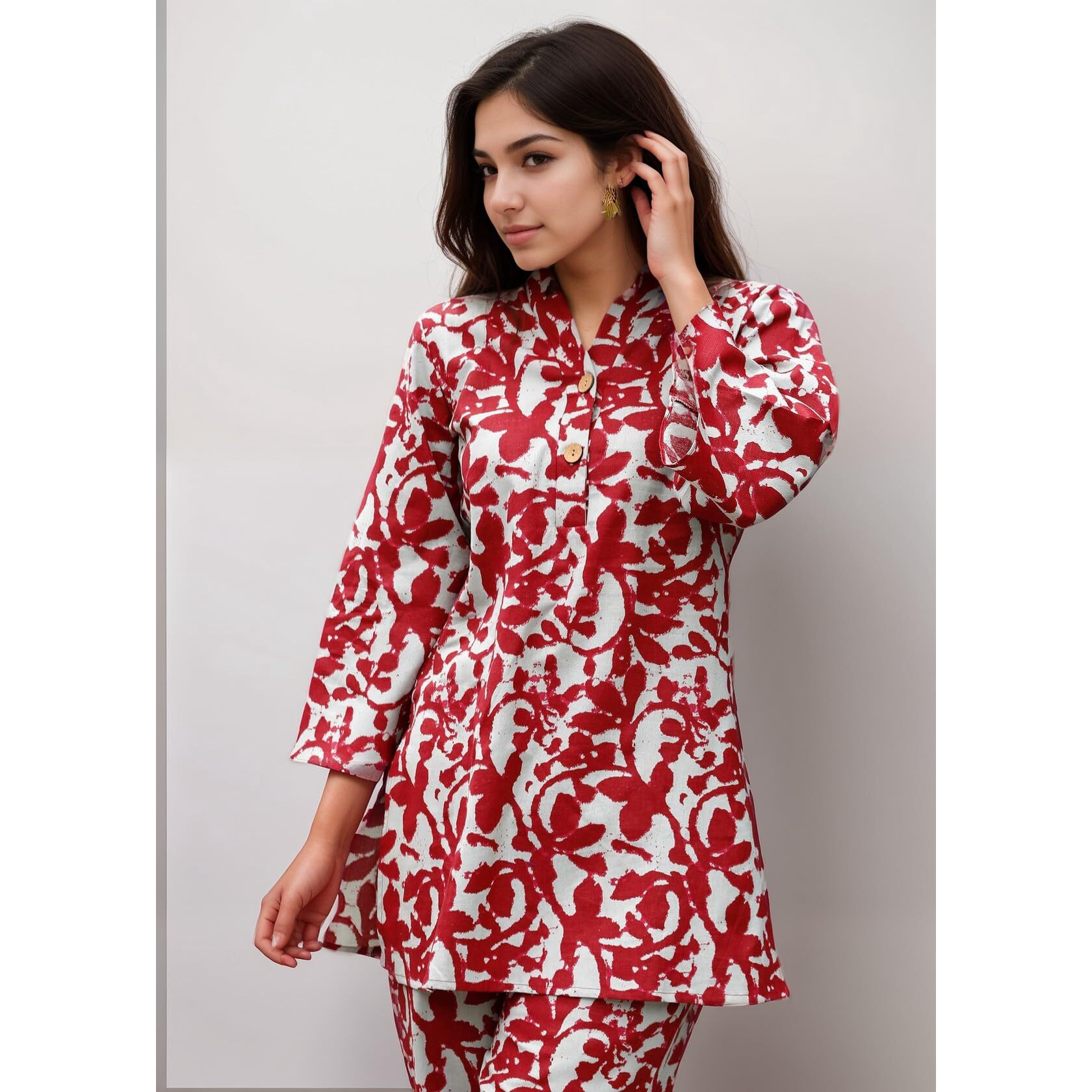 SMOWKLY Women's Printed Rayon Slub Mid Thighs Short Kurti with Relaxed Fit Pant Sylish Co-Ords Set || Trendy 3/4 Sleeve Kurta & Palazzo Cord Pair (Red&White-Small)