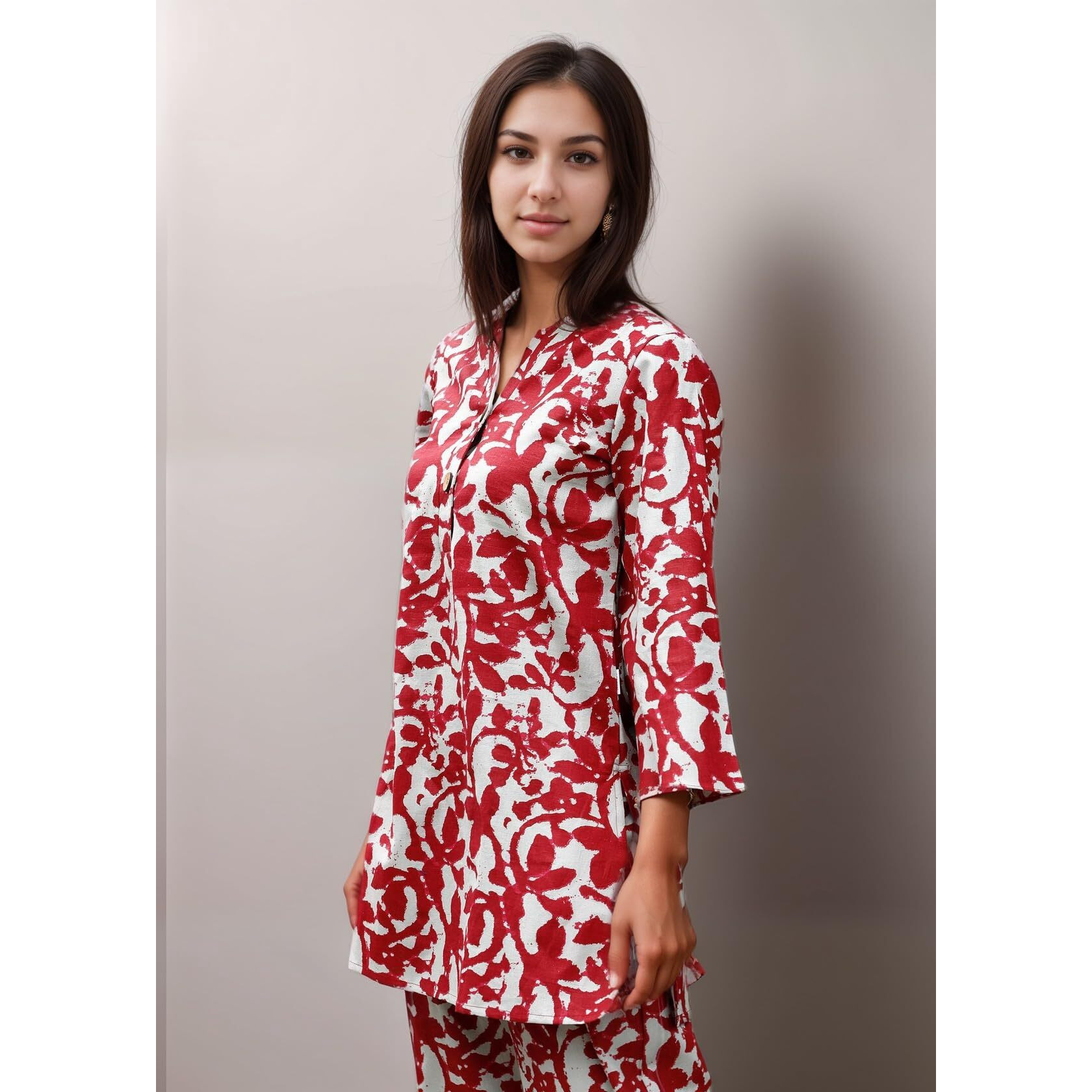 SMOWKLY Women's Printed Rayon Slub Mid Thighs Short Kurti with Relaxed Fit Pant Sylish Co-Ords Set || Trendy 3/4 Sleeve Kurta & Palazzo Cord Pair (Red&White-Small)