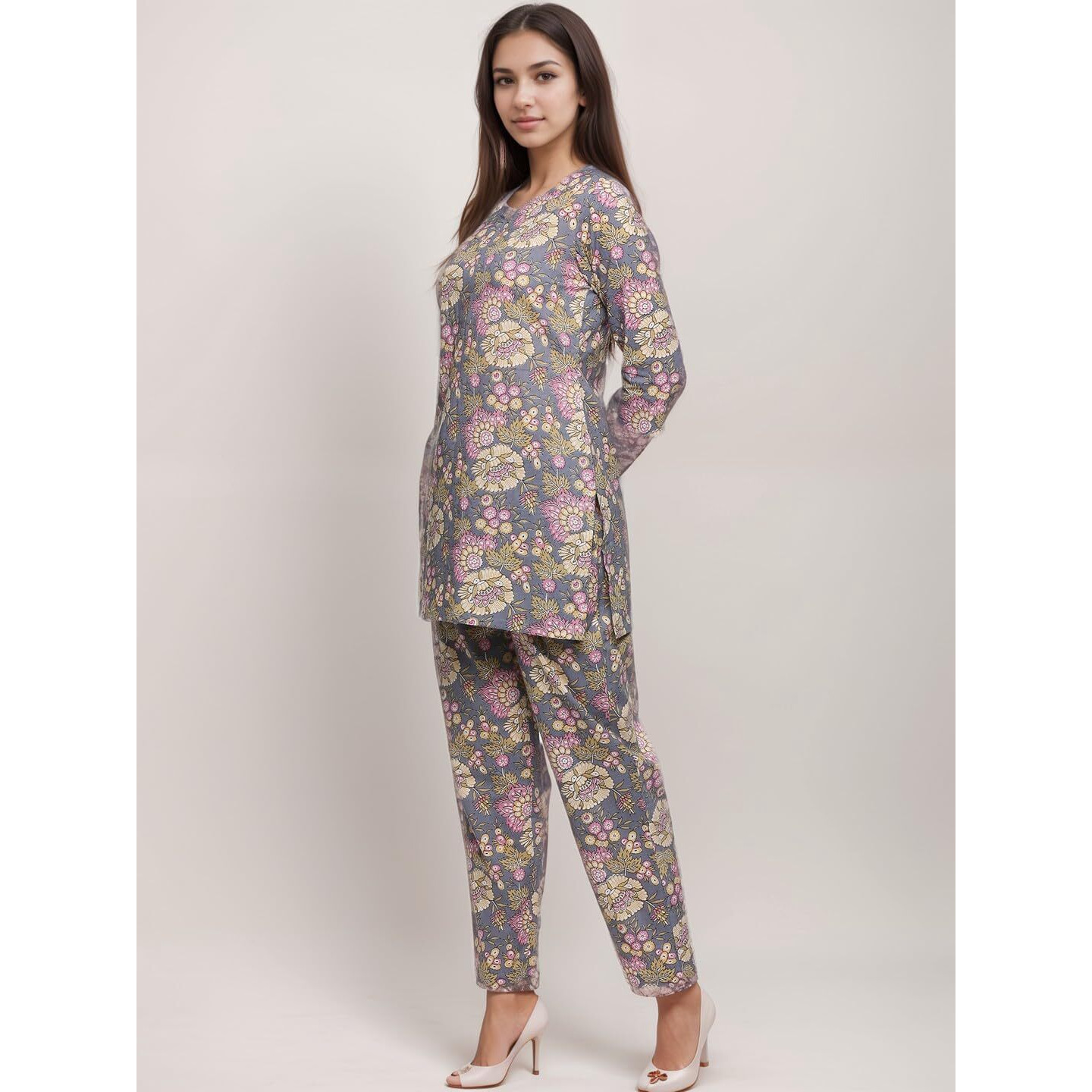 SMOWKLY Women's Printed Rayon Slub Mid Thighs Short Kurti With Relaxed Fit Pant Sylish Co-Ords Set || Trendy 3/4 Sleeve Kurta & Palazzo Cord Pair (Grey-X Large)