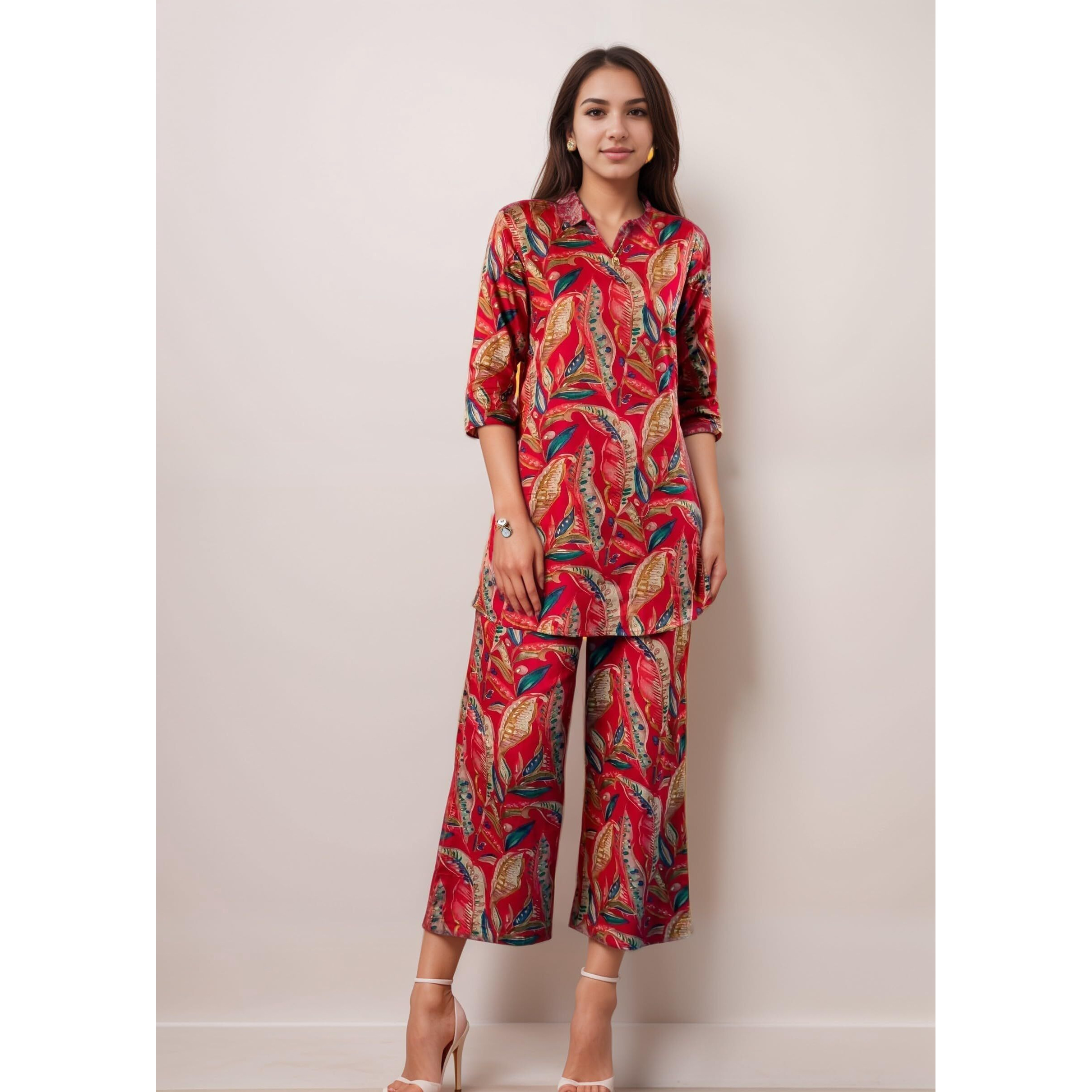 SMOWKLY Women's Printed Rayon Slub Mid Thighs Short Kurti With Relaxed Fit Pant Sylish Co-Ords Set || Trendy 3/4 Sleeve Kurta & Palazzo Cord Pair (Red-Small)