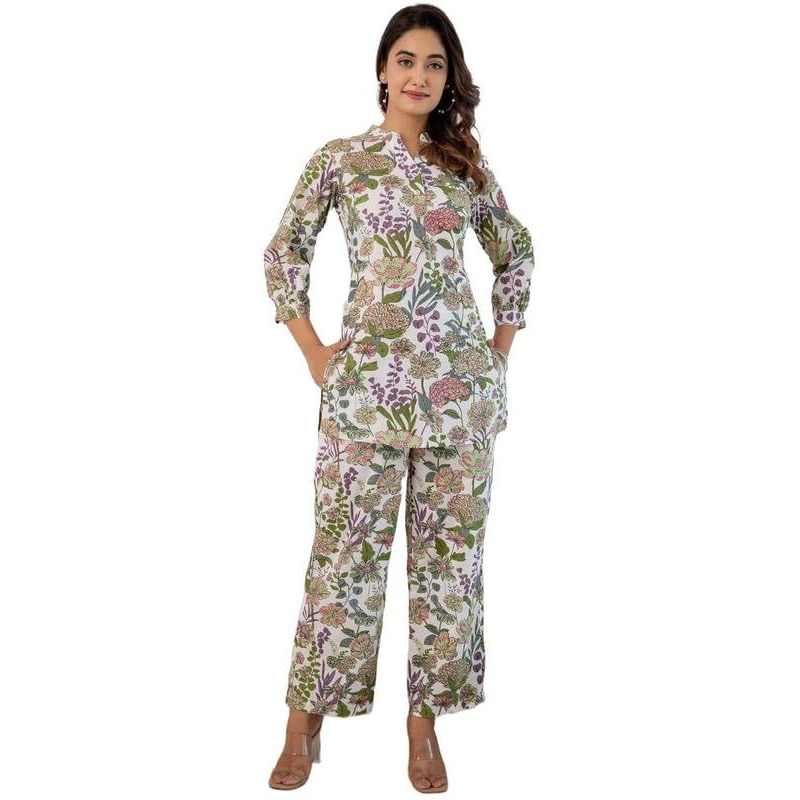 SMOWKLY Women's Printed Rayon Slub Mid Thighs Short Kurti With Relaxed Fit Pant Sylish Co-Ords Set || Trendy 3/4 Sleeve Kurta & Palazzo Cord Pair (Multicolor-Large)