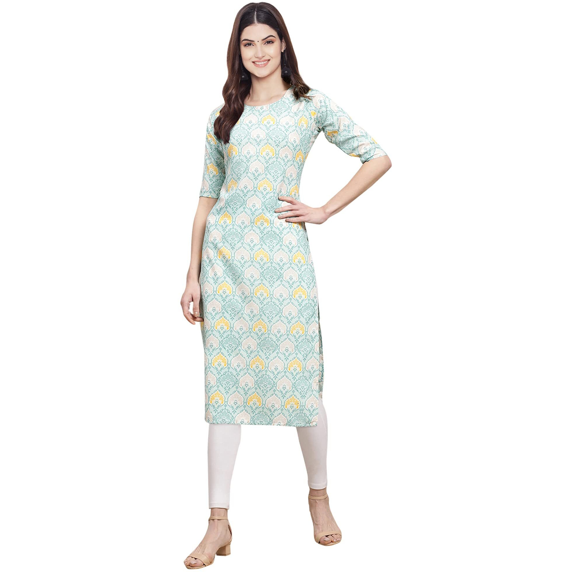 Pinkmint Women's Crepe Multicolor Color Ethnic Motif Digital Printed Straight Kurti [F-530343_M]