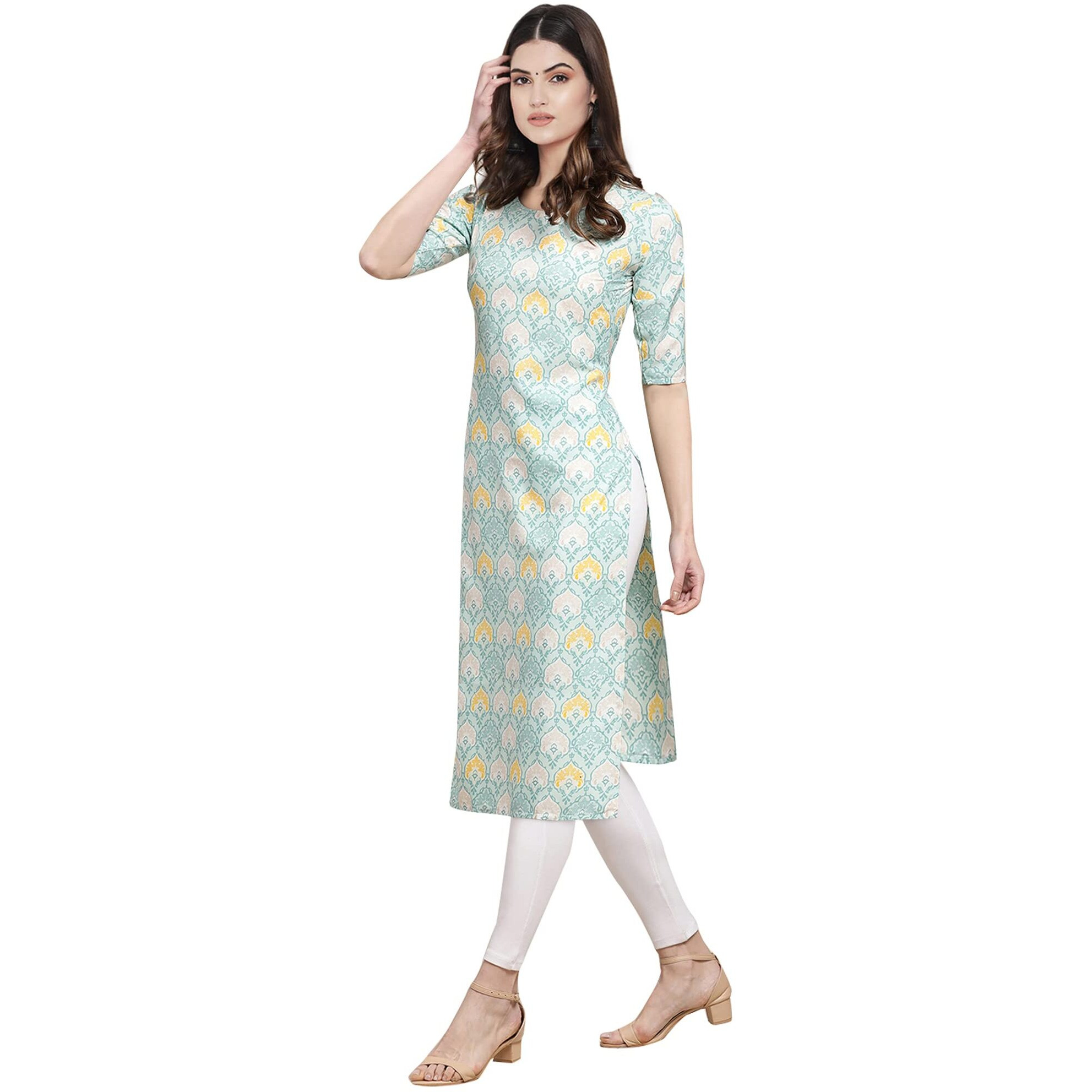 Pinkmint Women's Crepe Multicolor Color Ethnic Motif Digital Printed Straight Kurti [F-530343_M]
