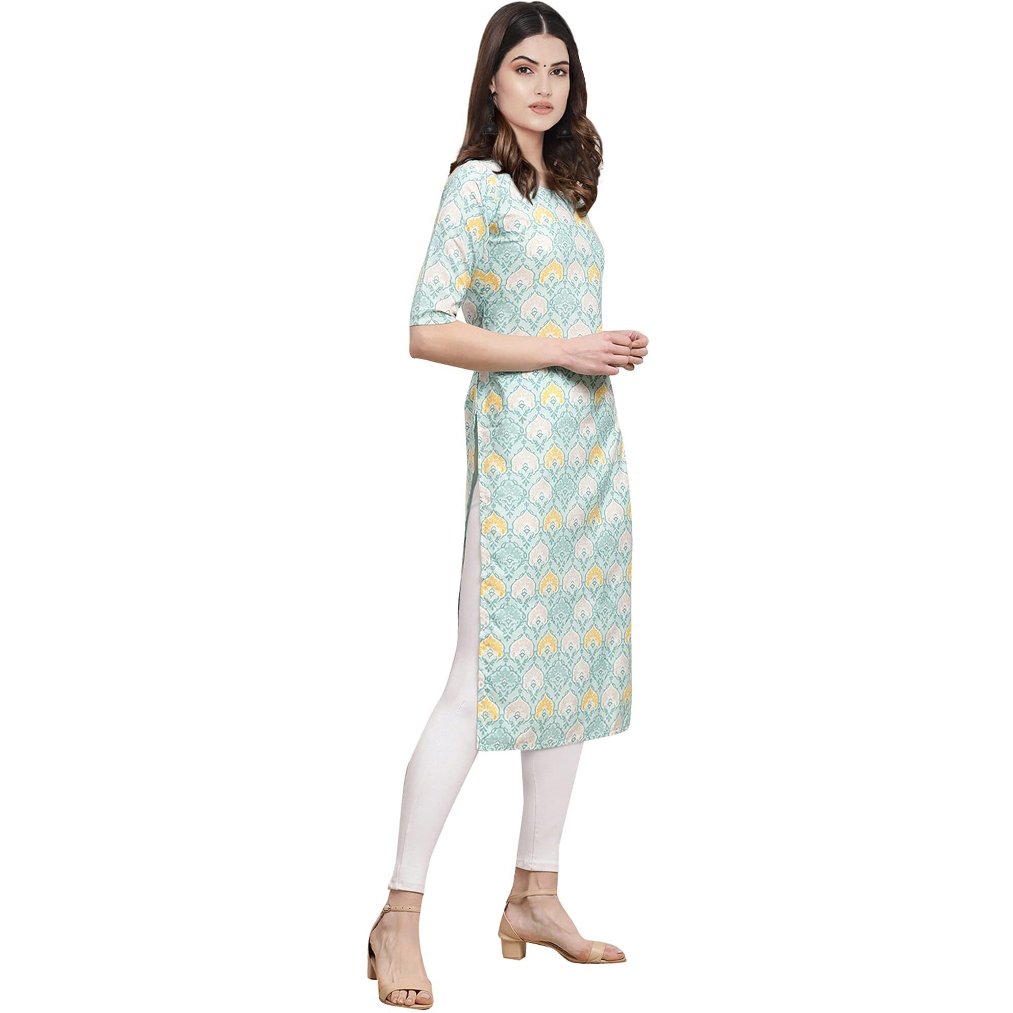 Pinkmint Women's Crepe Multicolor Color Ethnic Motif Digital Printed Straight Kurti [F-530343_M]
